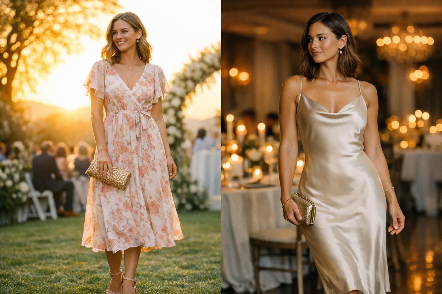 Summer wedding dress guest in a floral midi dress during golden hour, styled with delicate jewelry and sandals