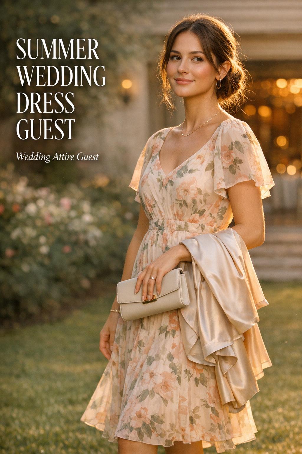 Summer wedding dress guest in pastel floral chiffon dress at golden-hour garden, luxury editorial wedding moment