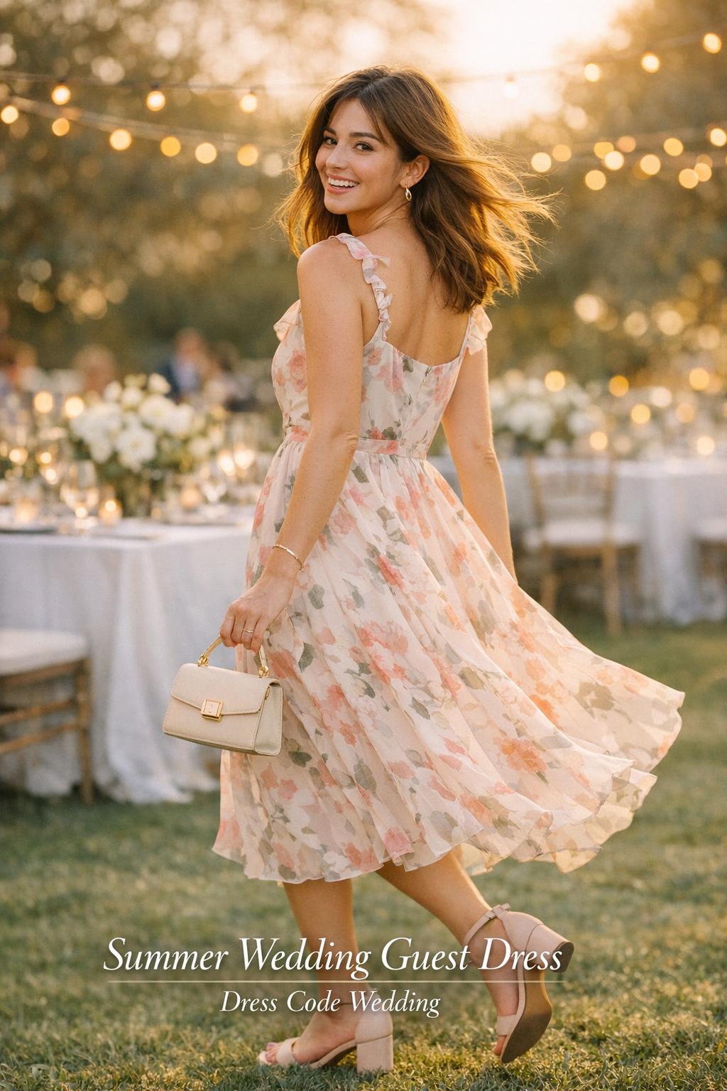 Summer wedding dress guest in a pastel floral chiffon midi dress at a golden-hour garden reception with string lights