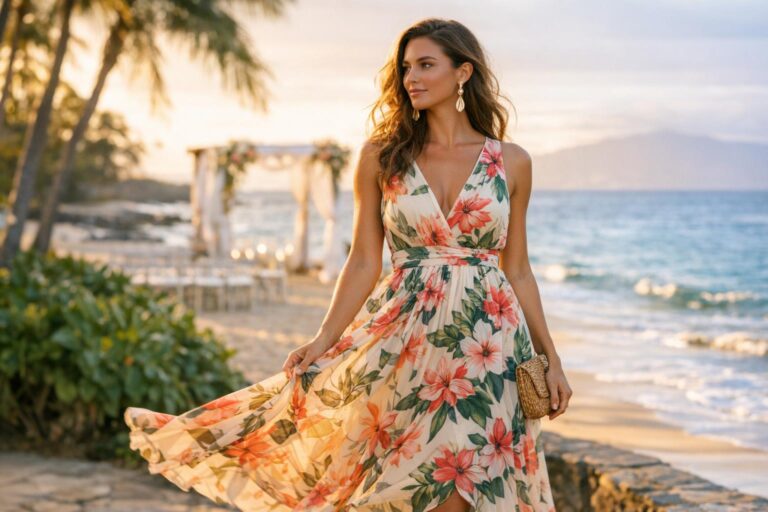 Tropical wedding guest dress in a flowy floral maxi style, styled for beach formal vows at sunset