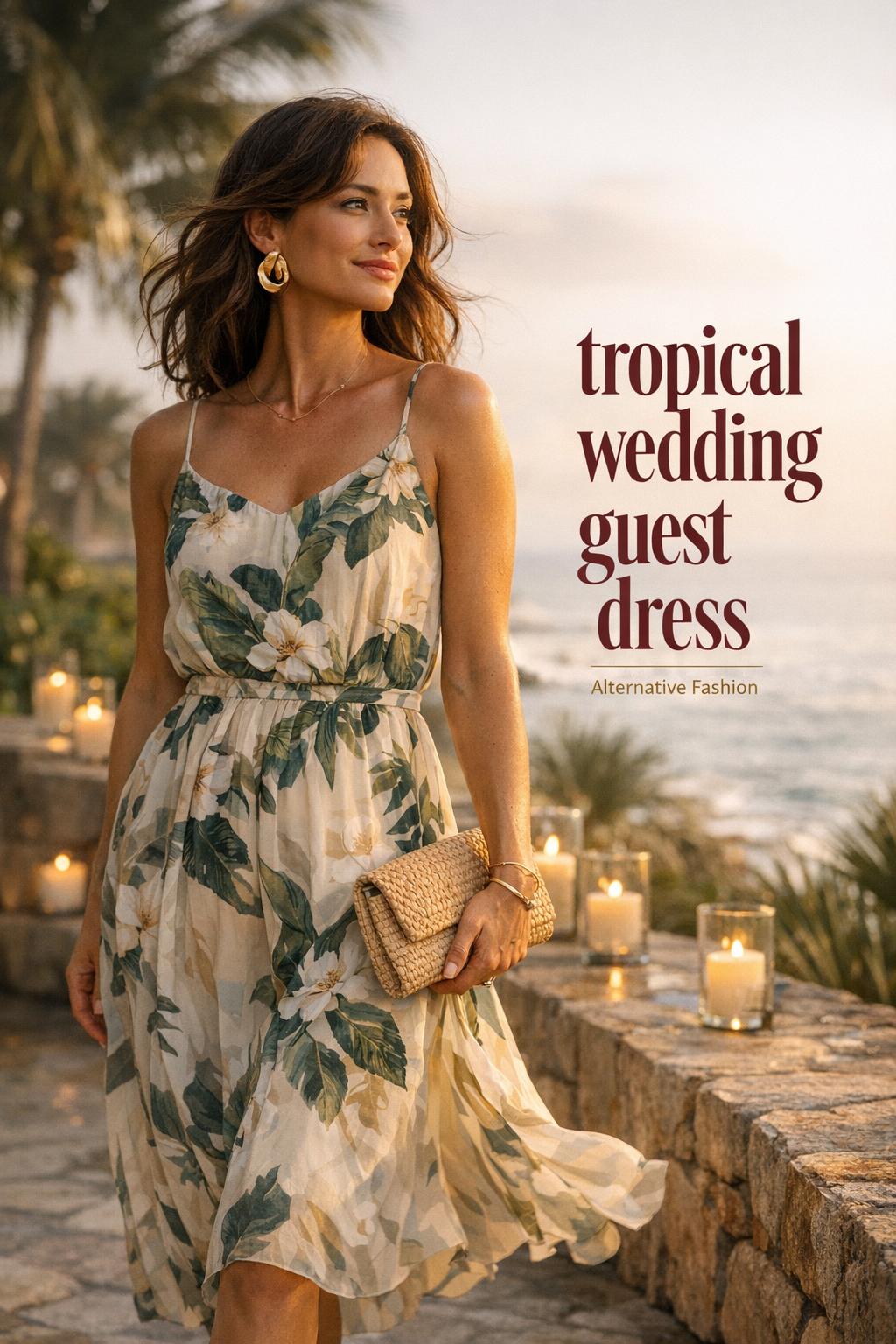 Tropical wedding guest dress on stylish woman at golden-hour oceanfront resort wedding with palms and candlelit terrace