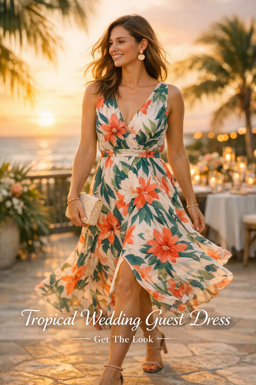 Woman in a flowy tropical wedding guest dress walking on a luxury oceanfront resort terrace at golden hour