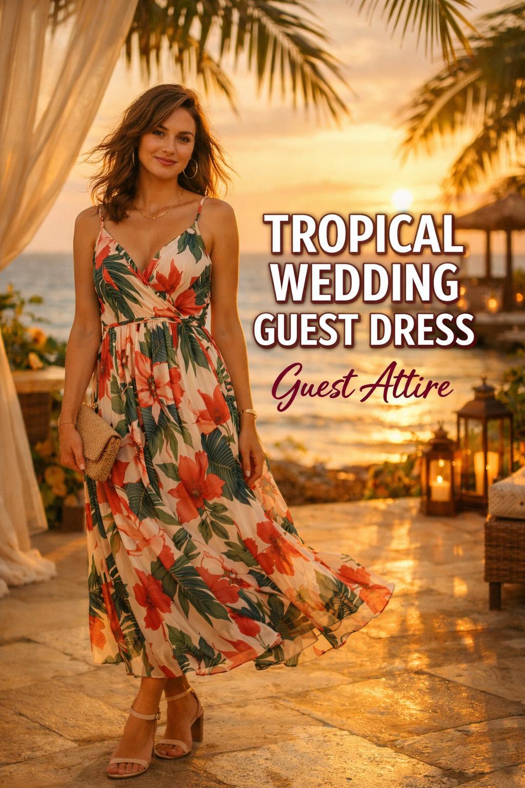 Tropical wedding guest dress in golden-hour oceanfront resort scene with palm greenery and elegant sunset terrace details