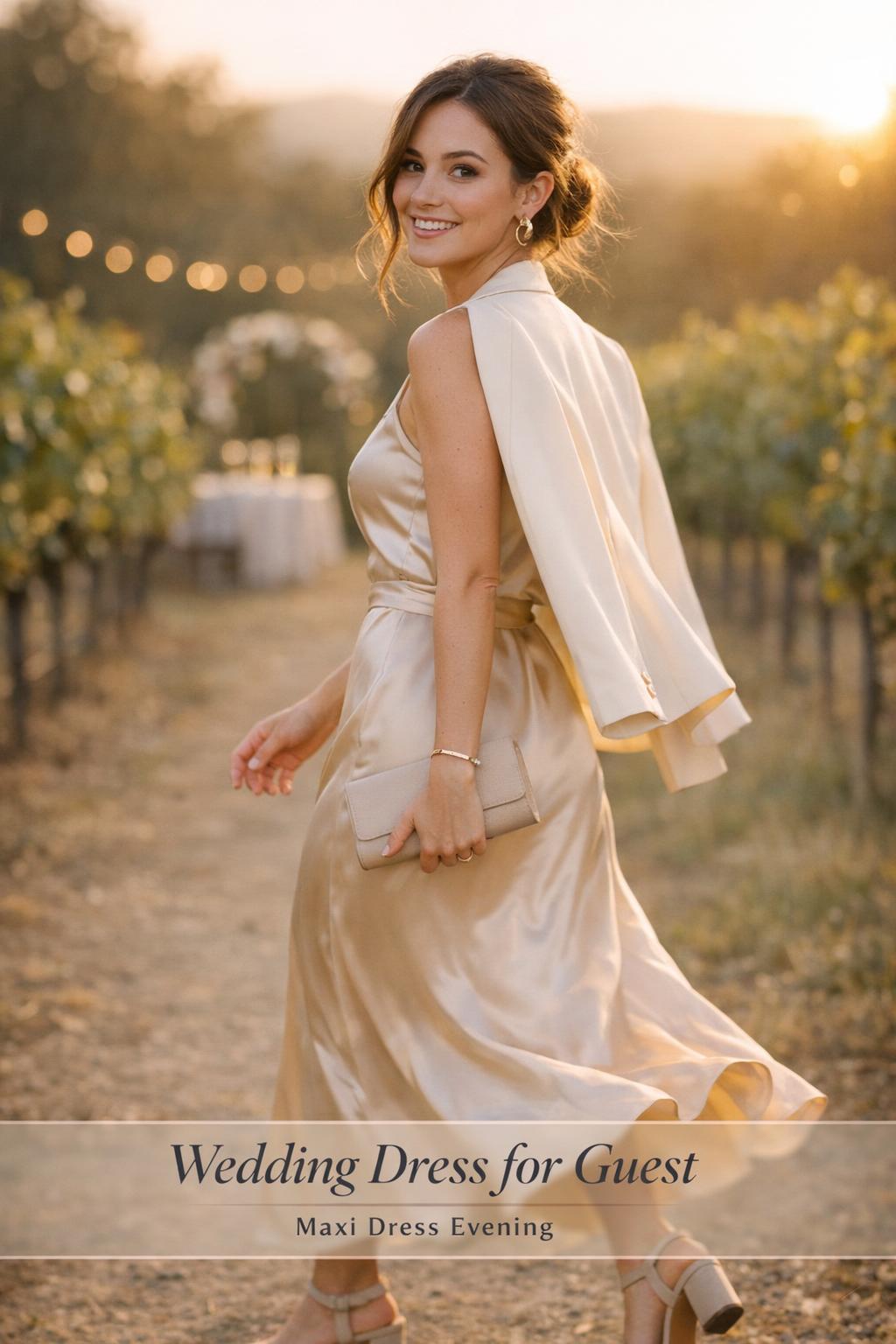 Wedding dress for guest in champagne satin maxi dress, stylish woman arriving at a golden-hour vineyard wedding.