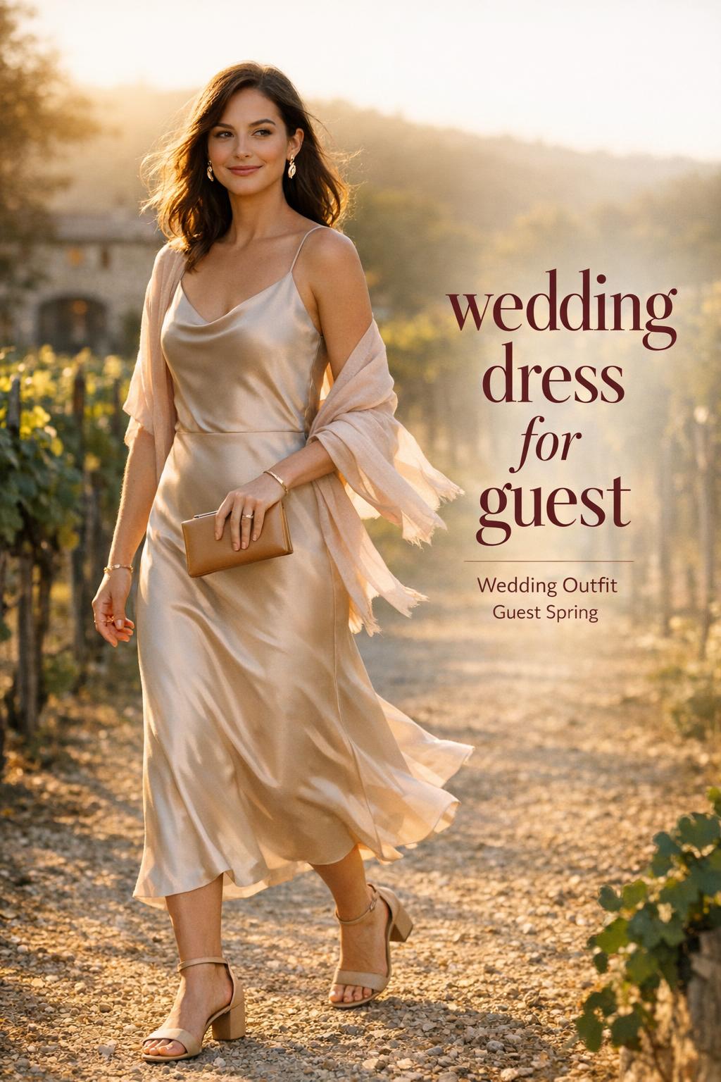 Wedding dress for guest in champagne satin slip maxi, vineyard golden hour walk with romantic wedding-guest style.