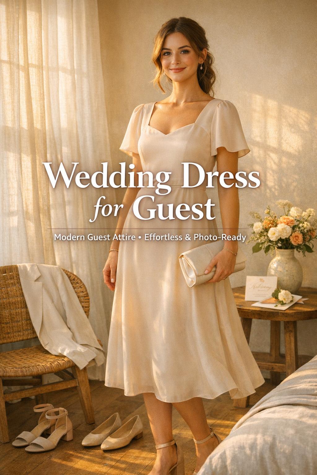 Wedding dress for guest outfit in golden-hour room, stylish woman in blush midi dress with clutch and heels by window
