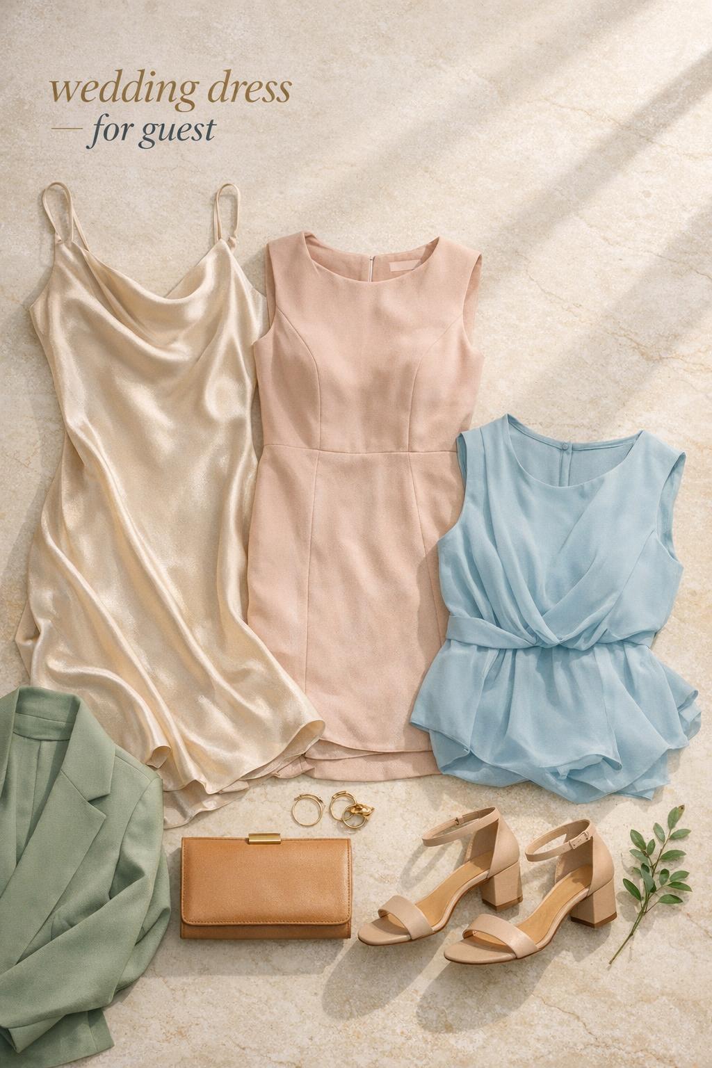 Wedding dress for guest flat lay with champagne satin slip dress, blush midi, and sleeveless blue dress on ivory marble