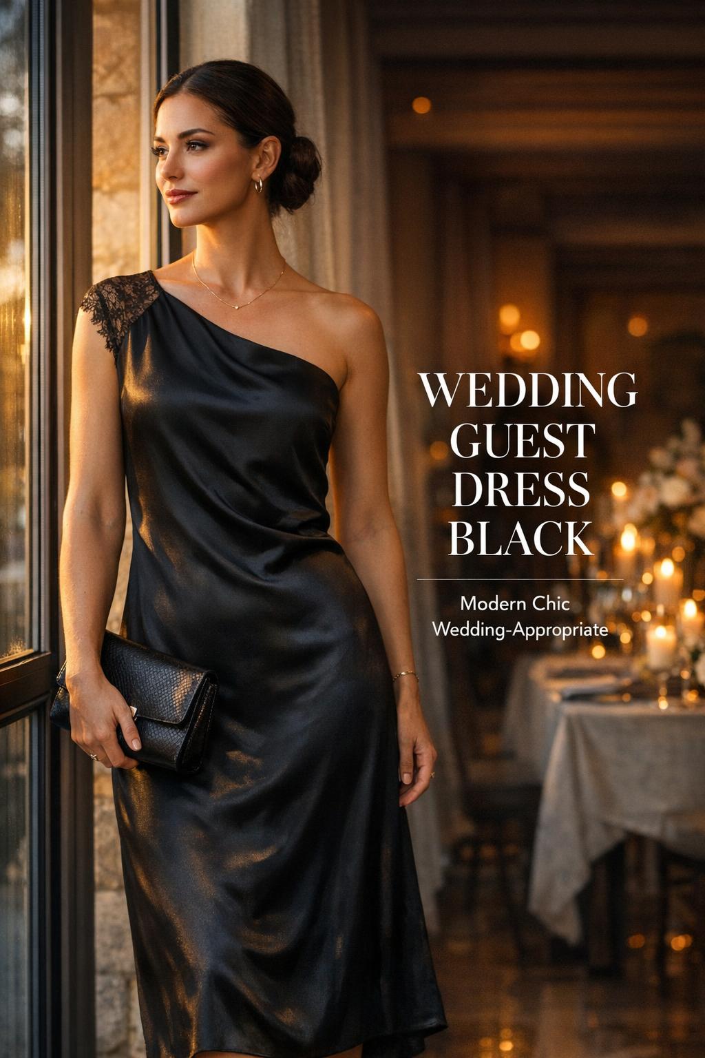 Wedding guest dress black in luxe black silk midi dress by a window at golden hour, elegant jewelry and clutch