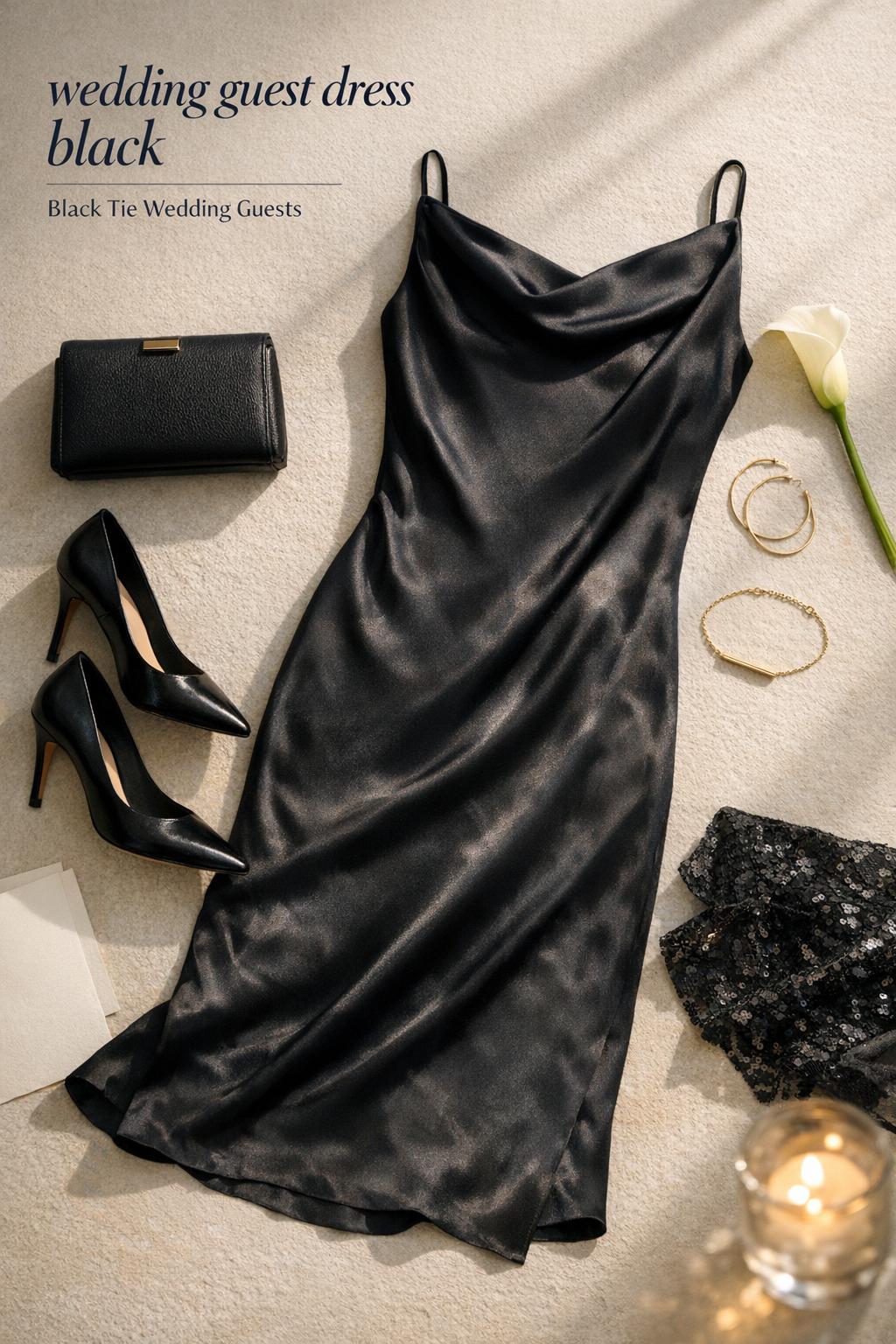 Wedding guest dress black flat lay with satin dress, clutch, heels, gold jewelry and calla lily on neutral surface