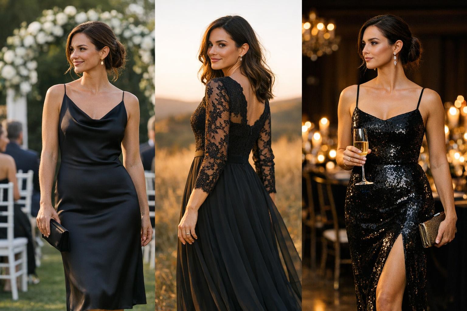 Wedding guest dress black in a modern satin midi with simple jewelry and a sleek clutch at an evening reception