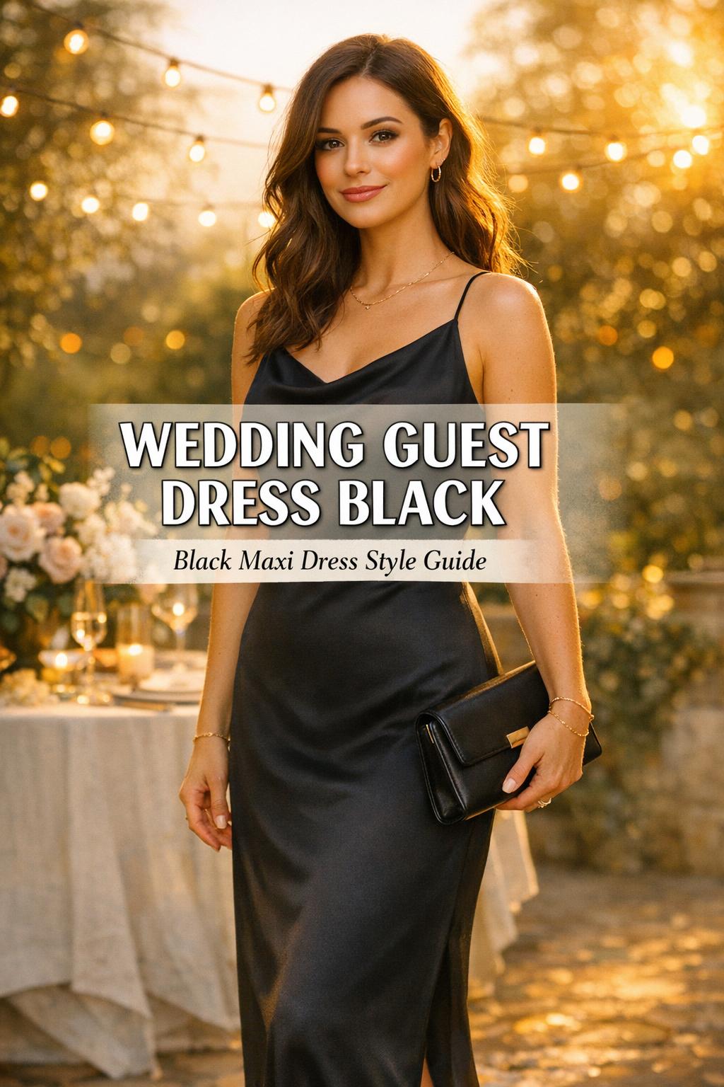 Wedding guest dress black in sleek satin maxi dress at golden-hour outdoor wedding terrace with warm bokeh lights