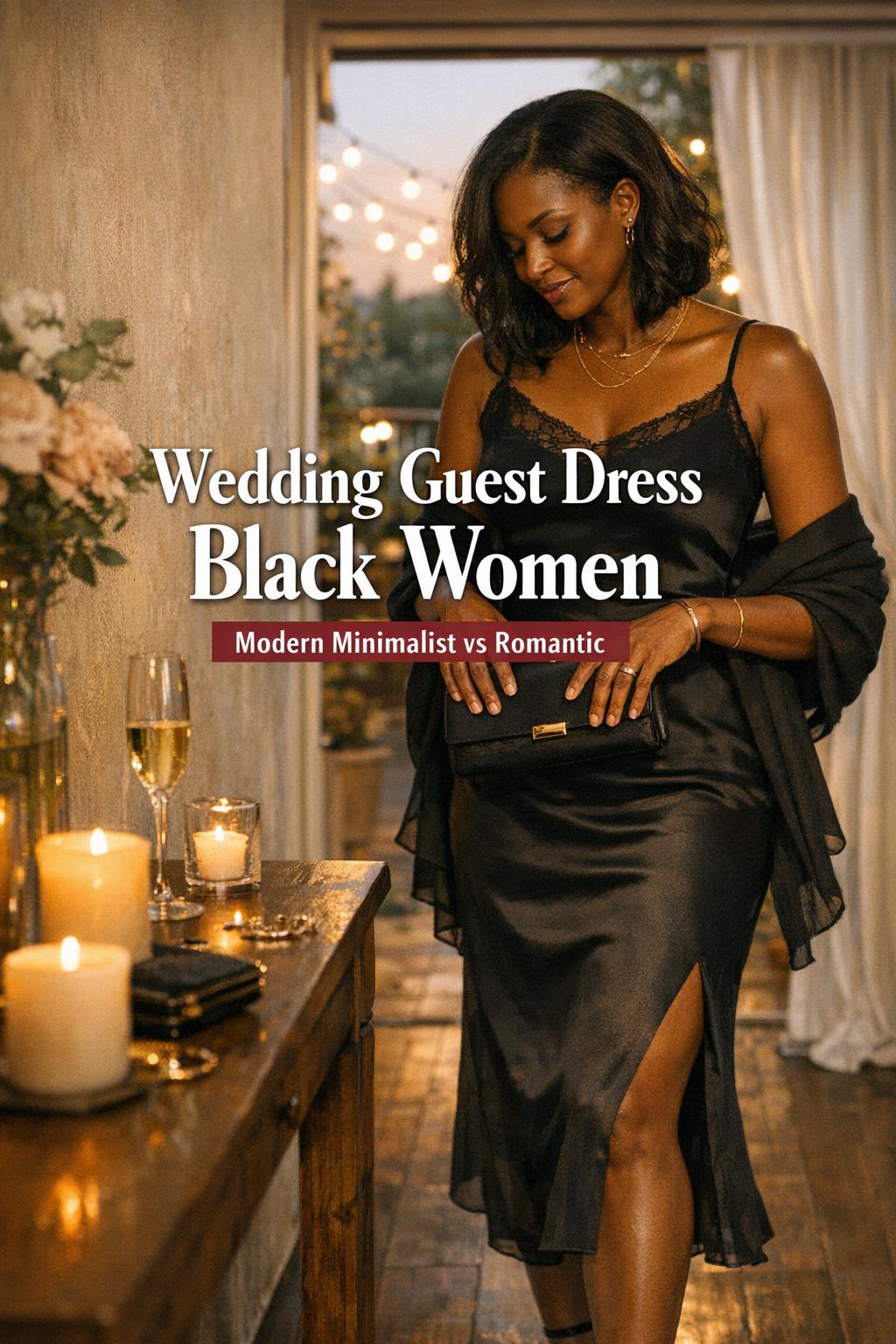 Wedding guest dress black women in a black satin midi dress getting ready by candles at golden hour on a terrace