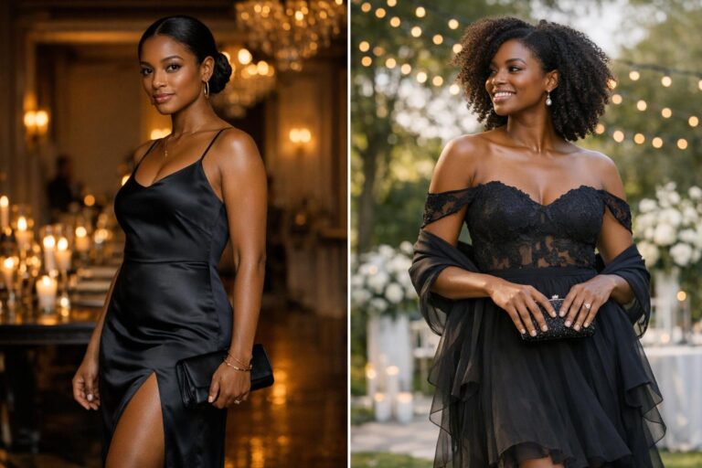 Wedding guest dress black women in satin midi and lace maxi styles, photographed for minimalist vs romantic wedding looks