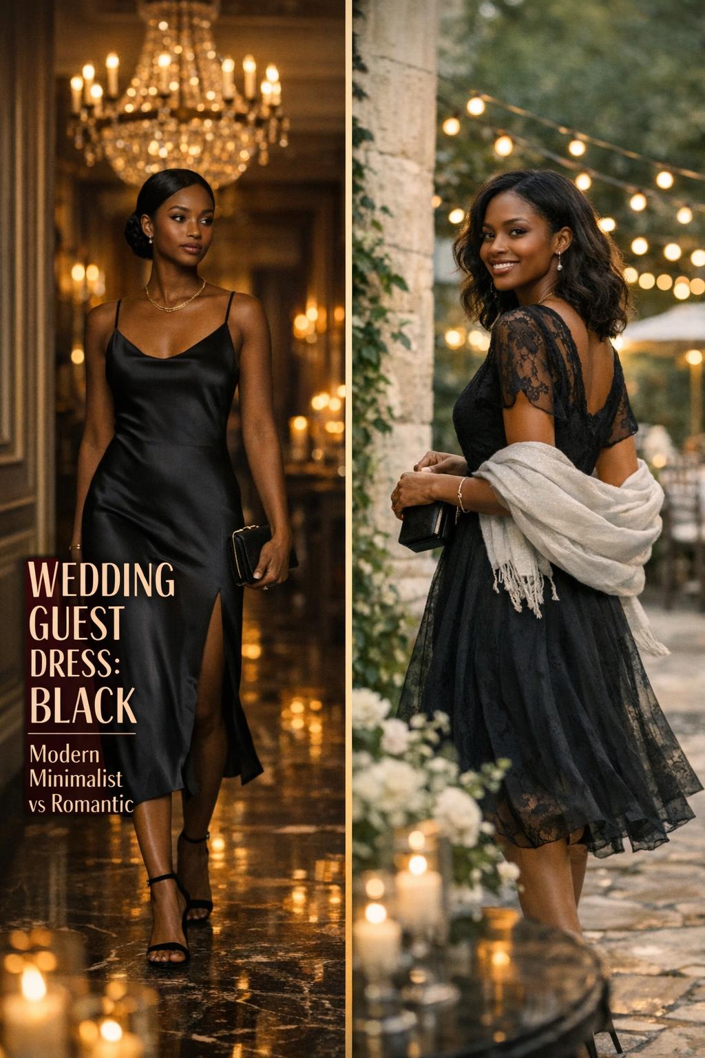 Wedding guest dress black women style guide showing minimalist and romantic black dresses in a split-scene luxury wedding setting