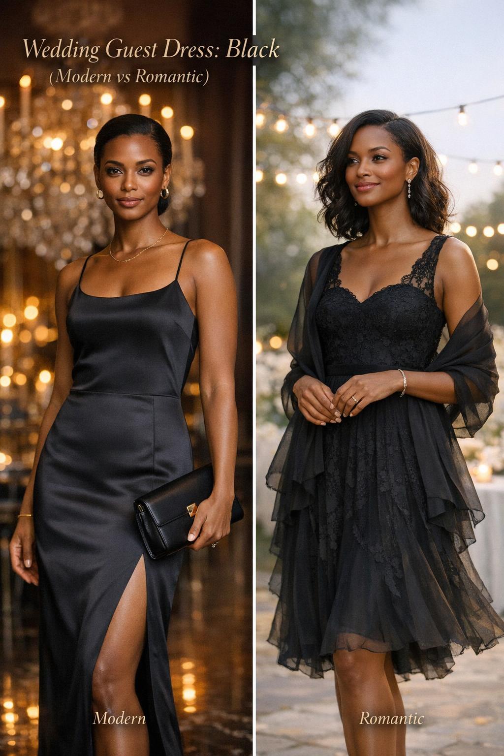 Wedding guest dress black women: modern vs romantic black tie looks in a split-frame editorial photo