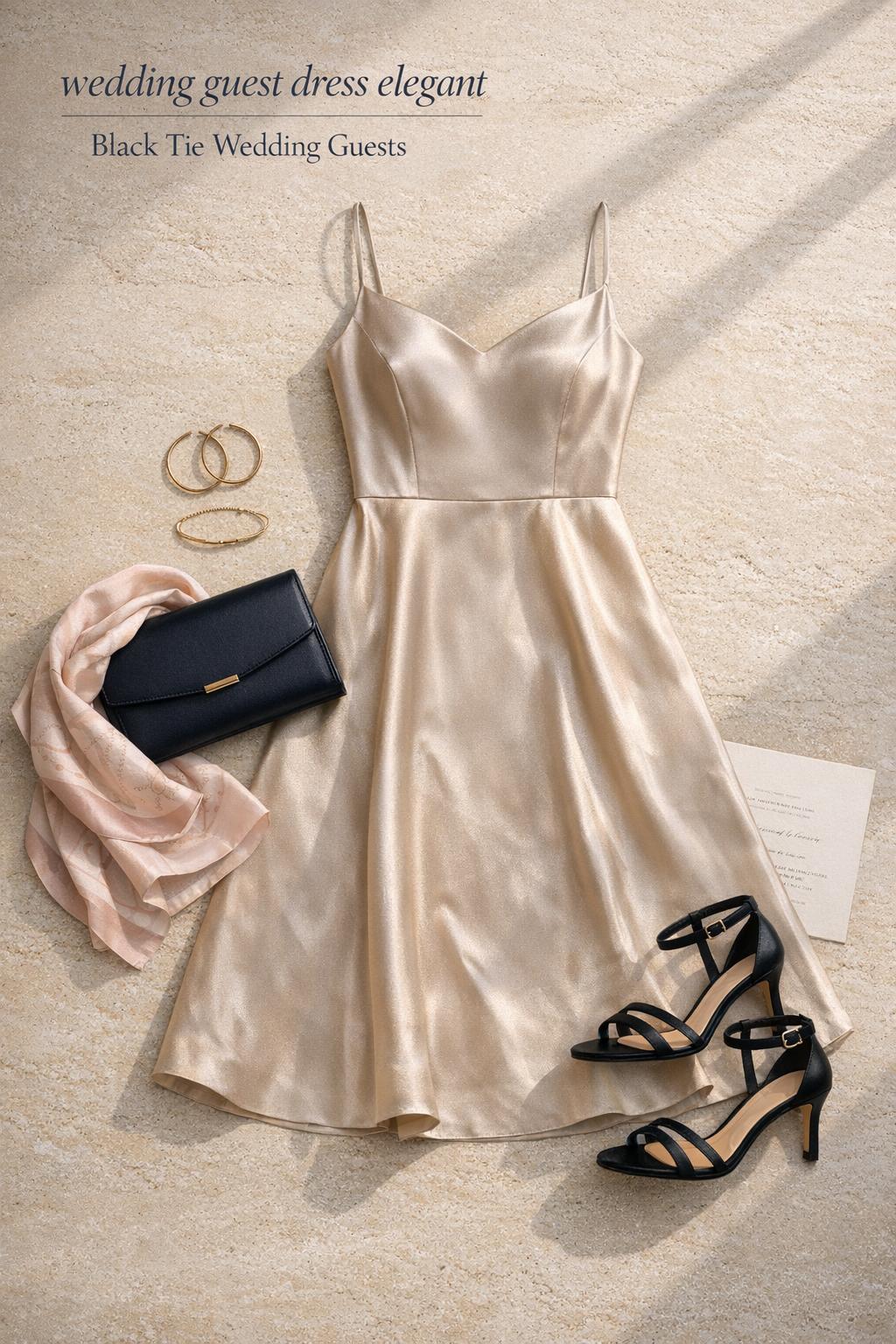 Wedding guest dress elegant flat lay with champagne satin midi dress, black heels, navy clutch, gold jewelry on beige stone
