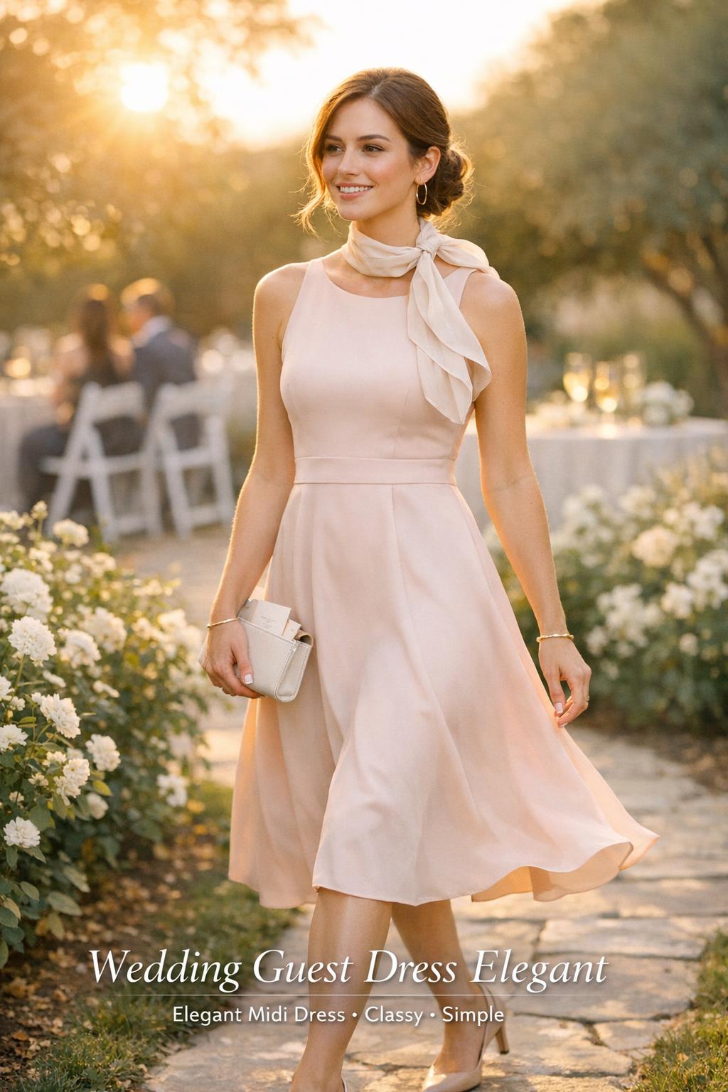 Stylish woman in champagne satin midi at garden wedding, wedding guest dress elegant text overlay at golden hour