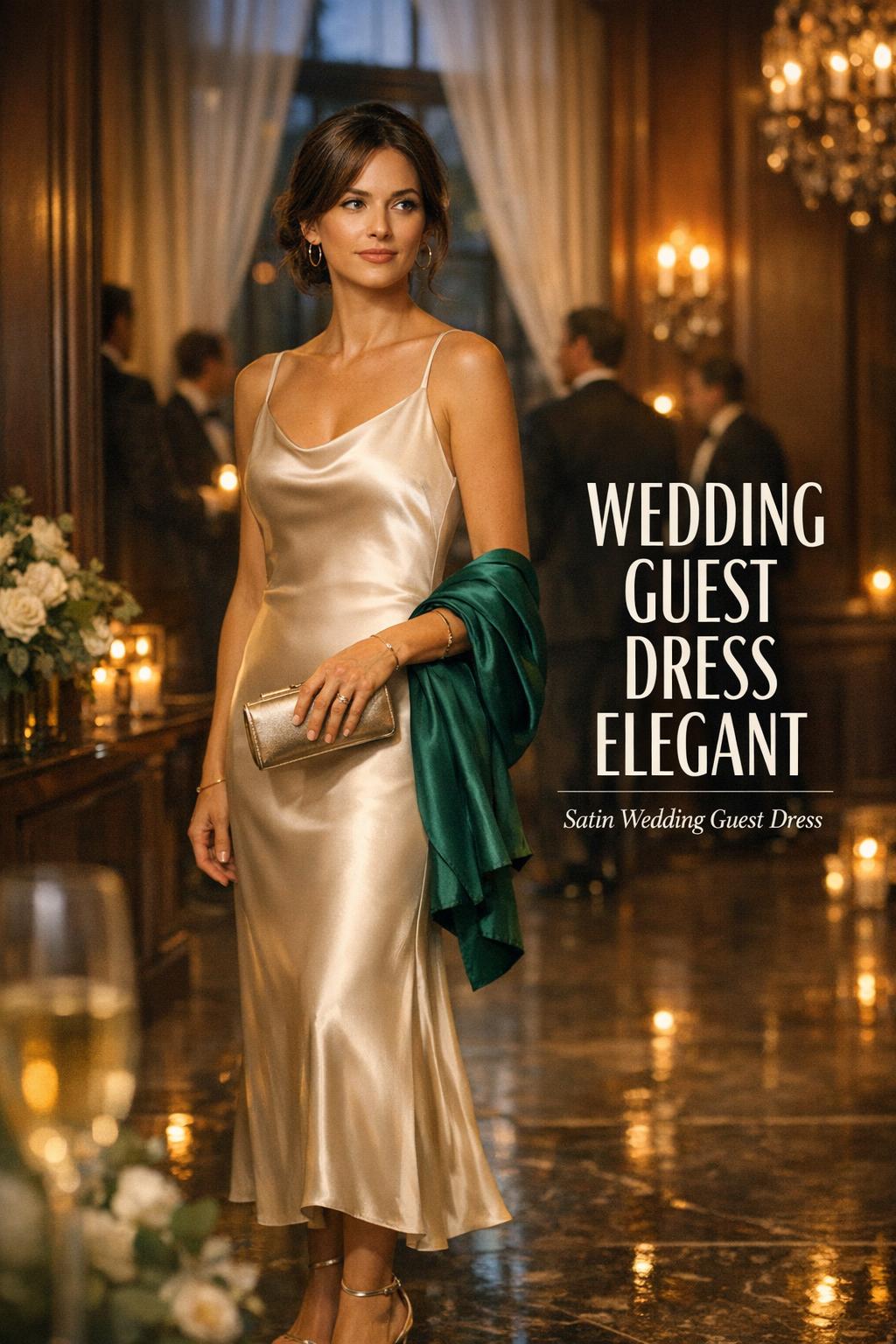 Wedding guest dress elegant in navy satin, woman in candlelit black-tie foyer with arched windows and soft bokeh