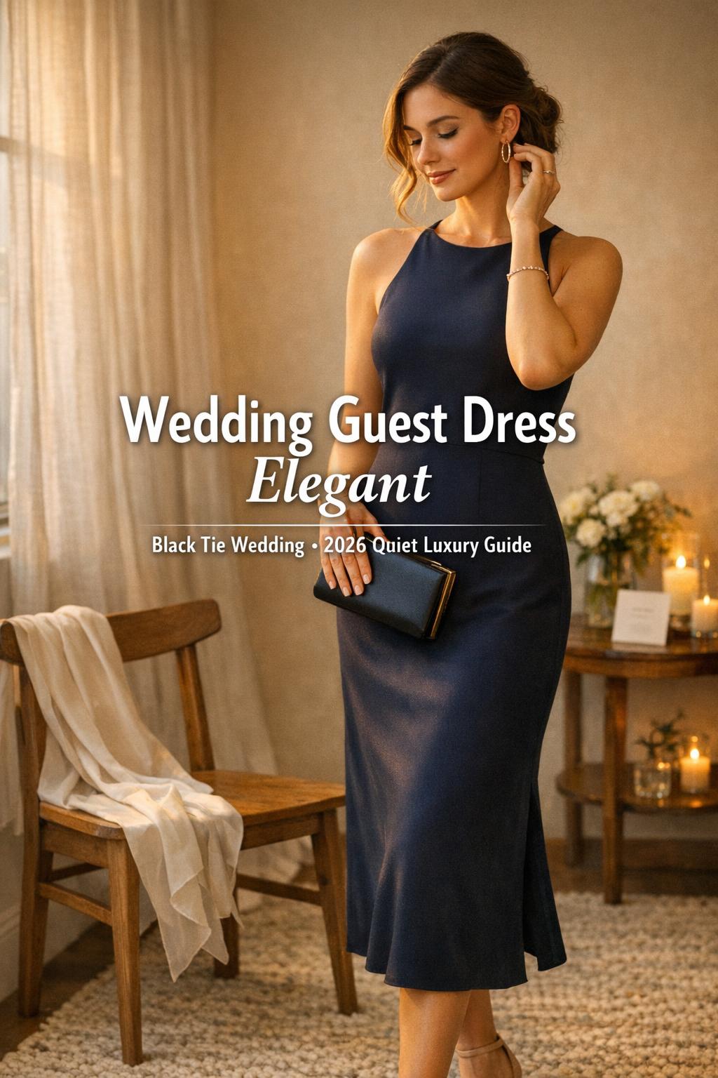 Wedding guest dress elegant in golden-hour hotel room, woman adjusting earring with clutch, chic quiet luxury look
