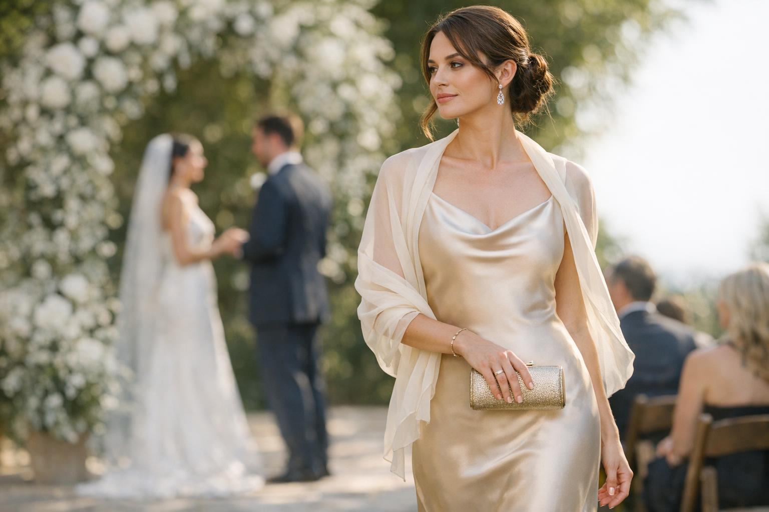 Wedding guest dress elegant look in a satin midi with minimal jewelry and a clutch, photographed in soft natural light
