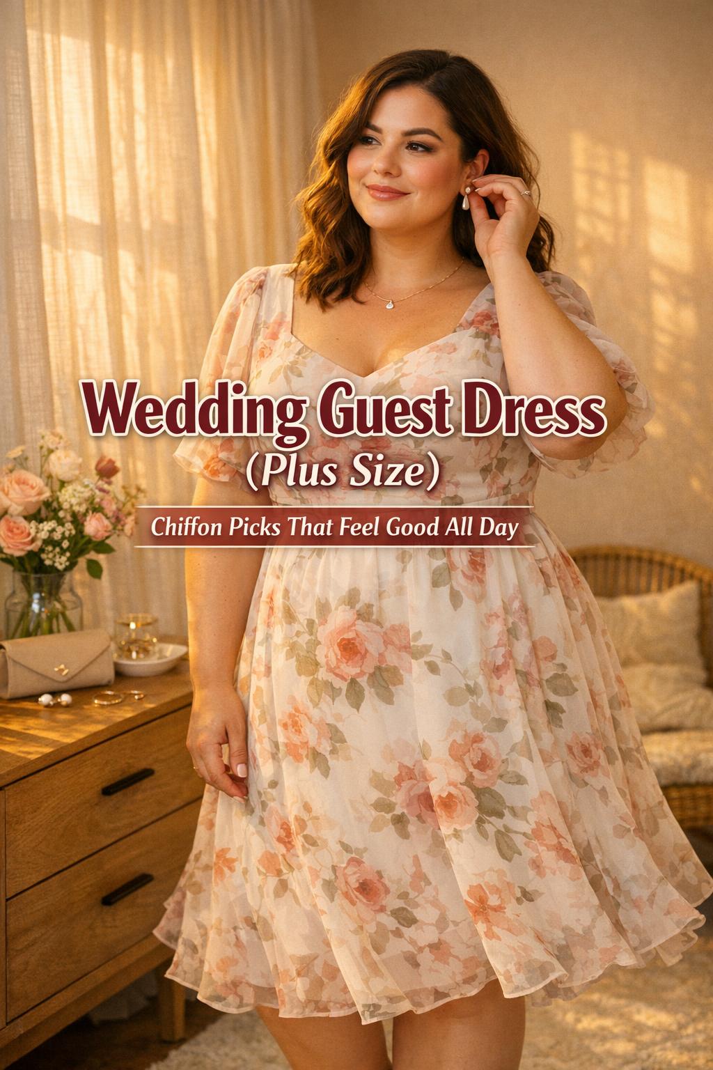 Wedding guest dress plus size in chiffon floral midi, woman adjusting earring by sunlit window in cozy getting-ready room
