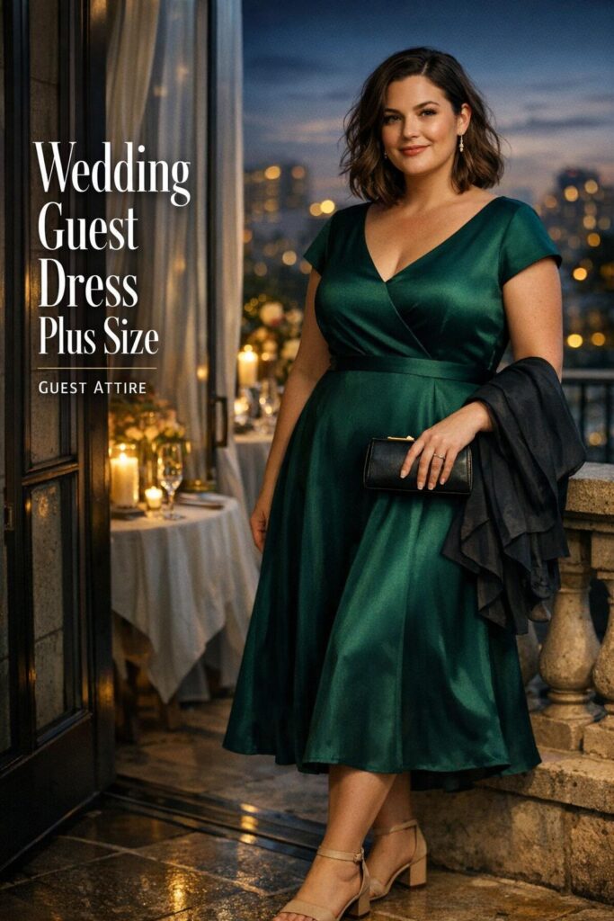 Wedding guest dress plus size in emerald satin midi, confident woman by city venue window with candlelit bokeh