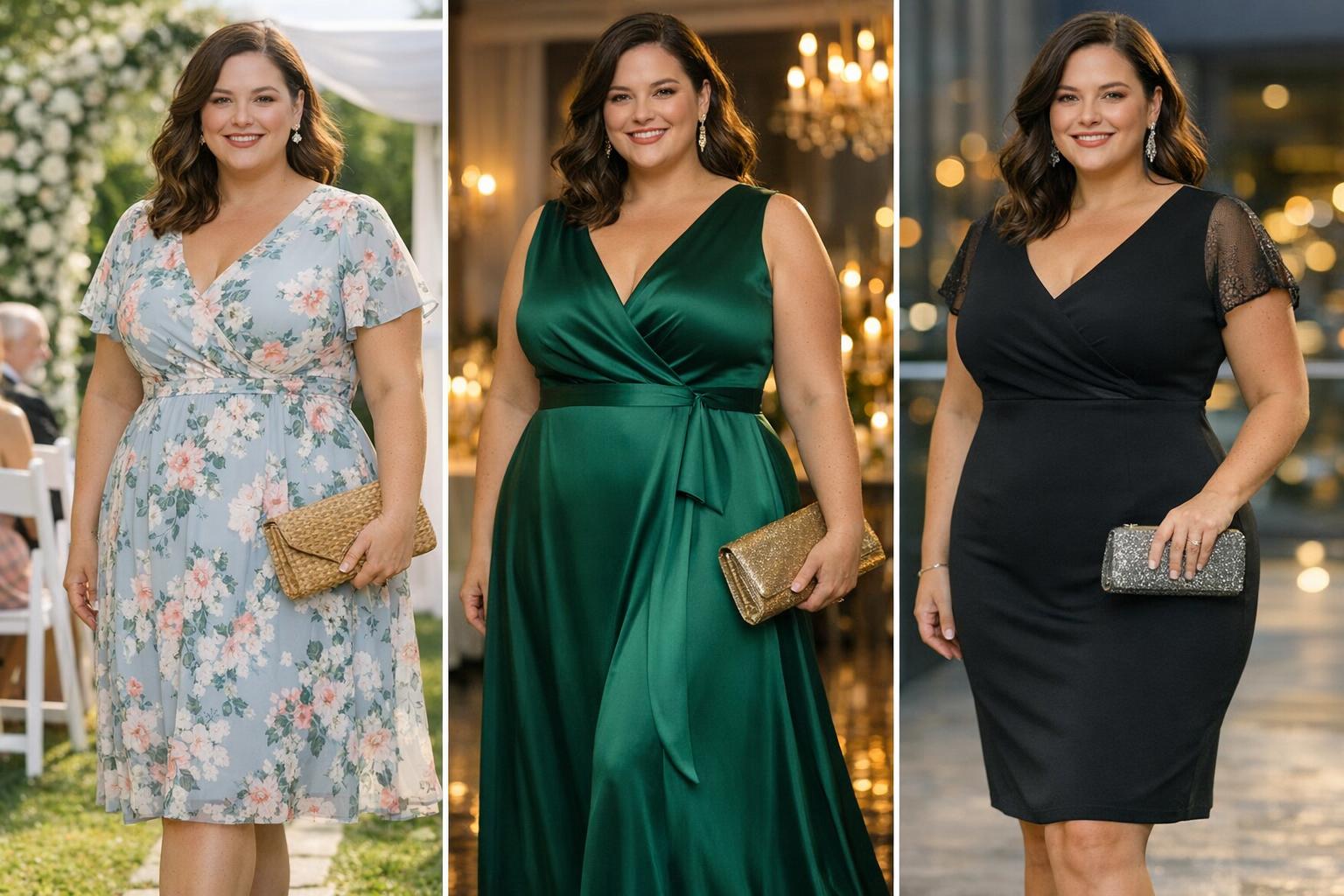 Wedding guest dress plus size in soft chiffon midi with floral print, styled with heels for an outdoor ceremony