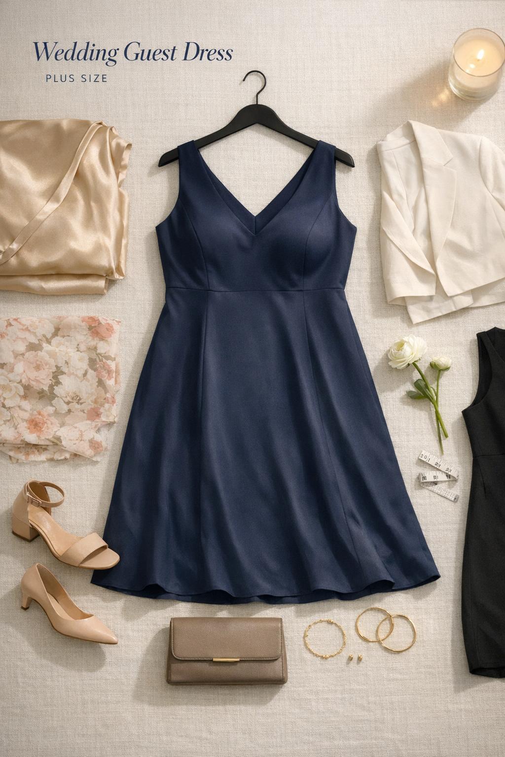 Wedding guest dress plus size flat lay with navy midi dress, heels, clutch and gold jewelry on ivory linen