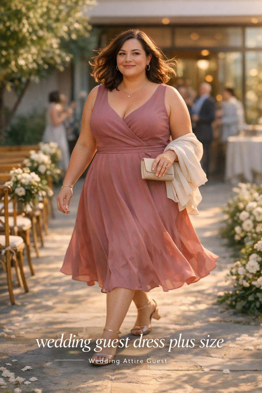 Plus-size woman walking at a garden wedding in a sage midi wedding guest dress plus size, golden hour light