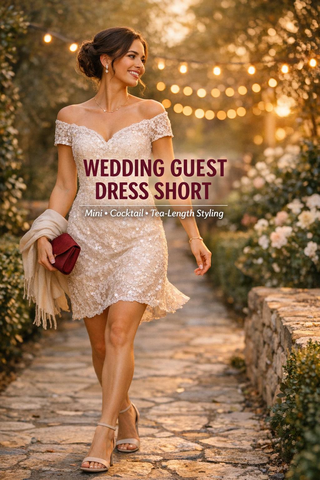 Wedding guest dress short in golden-hour garden path, stylish guest mid-step with bokeh lights and warm editorial feel