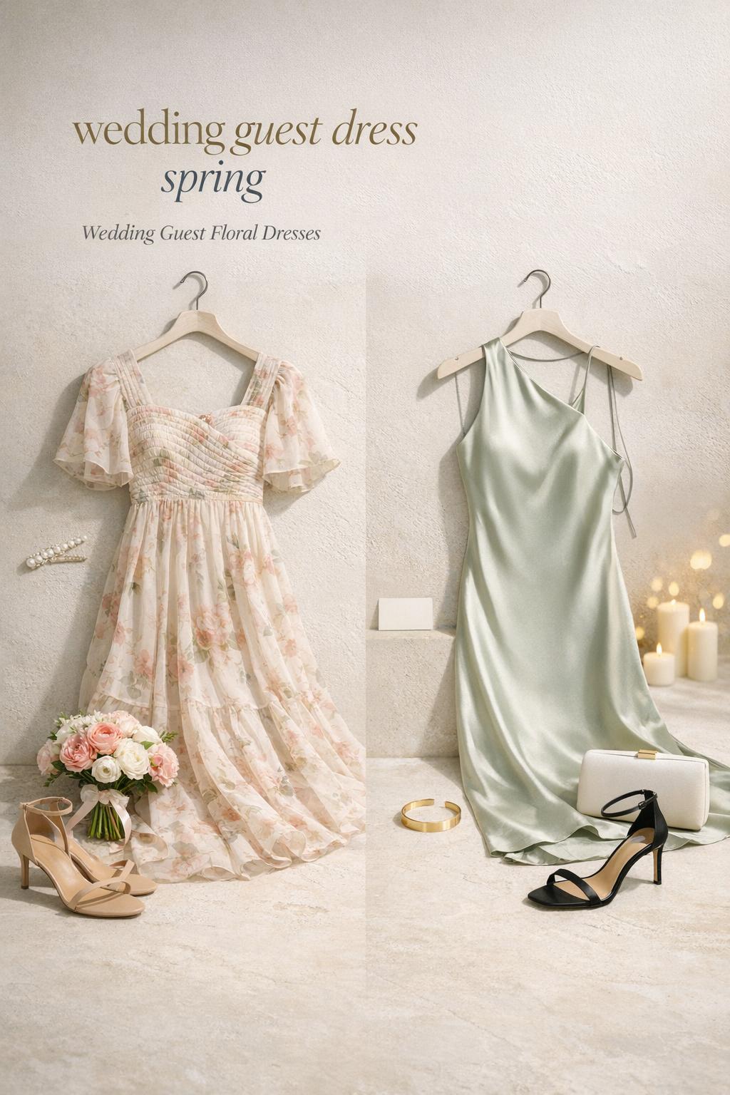 wedding guest dress spring still life with floral chiffon dress and sleek satin slip on ivory plaster, heels and accessories