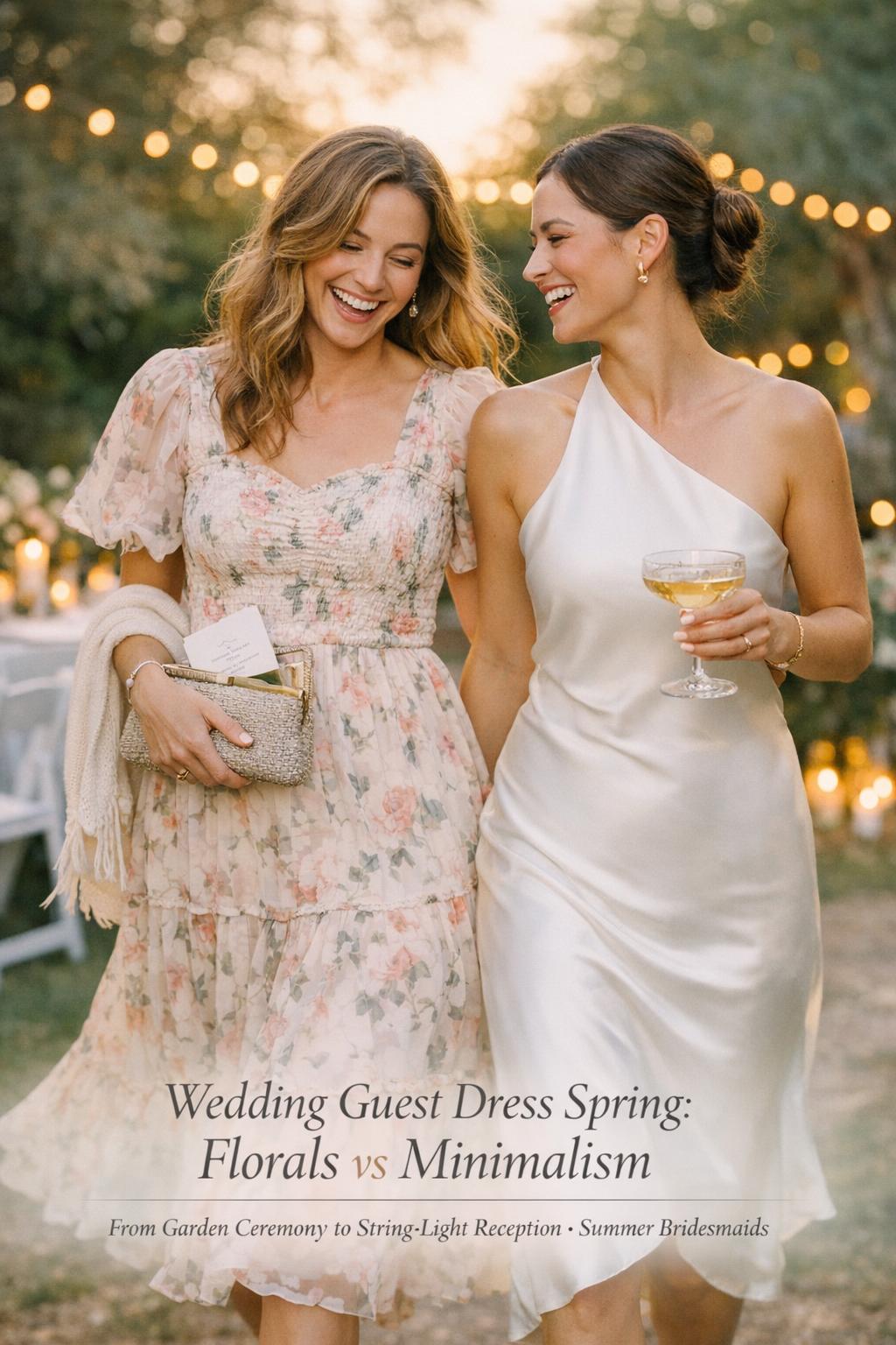 Wedding guest dress spring styling with two women in floral and minimalist satin dresses walking in a garden at golden hour