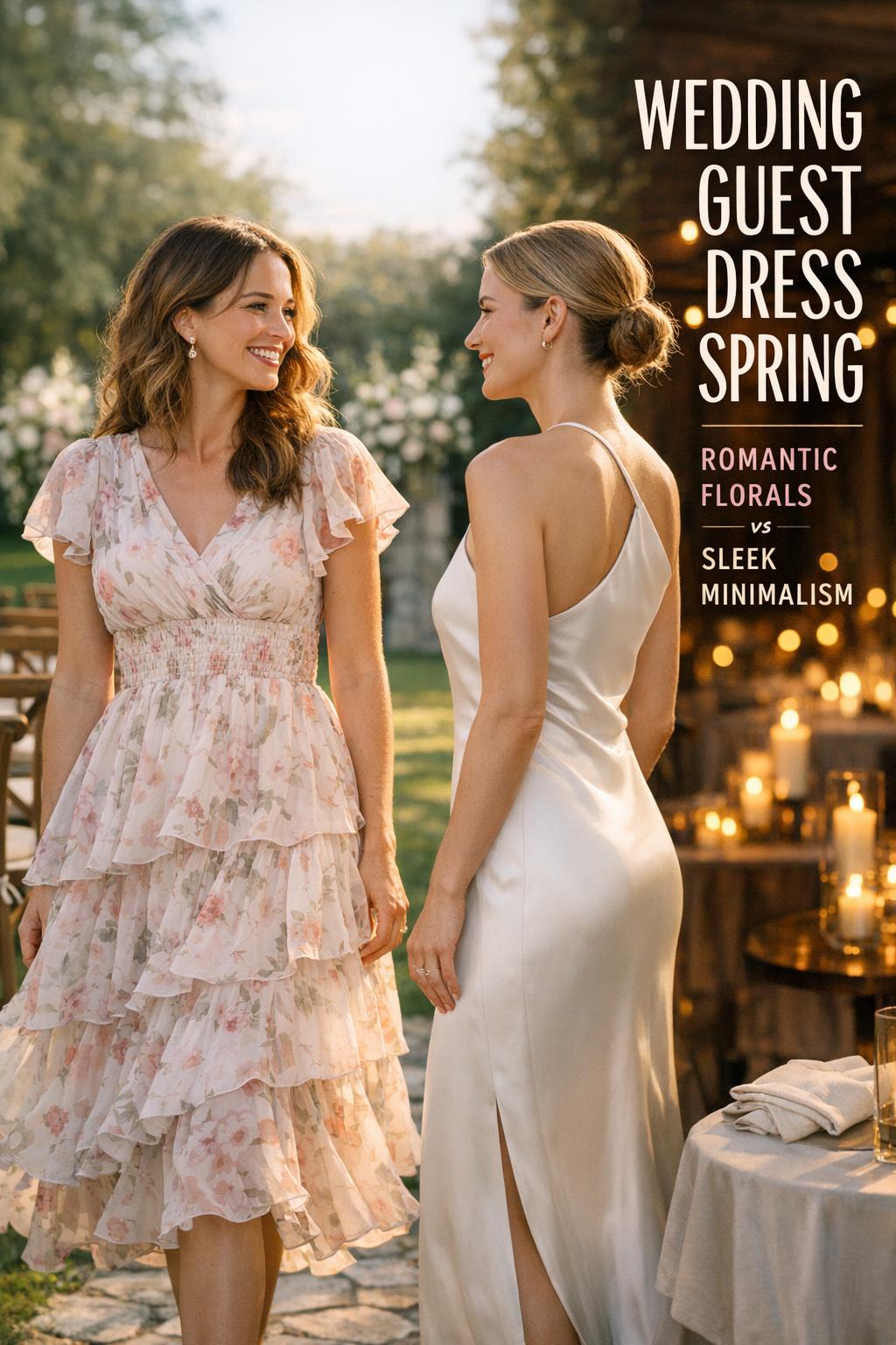 Wedding guest dress spring styles: floral midi dress and sleek satin slip dress at a luxury garden wedding venue.