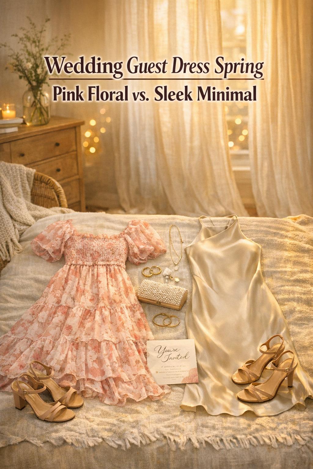 Wedding guest dress spring style planning with pink floral midi and sleek satin slip dress on a sunlit rack with accessories