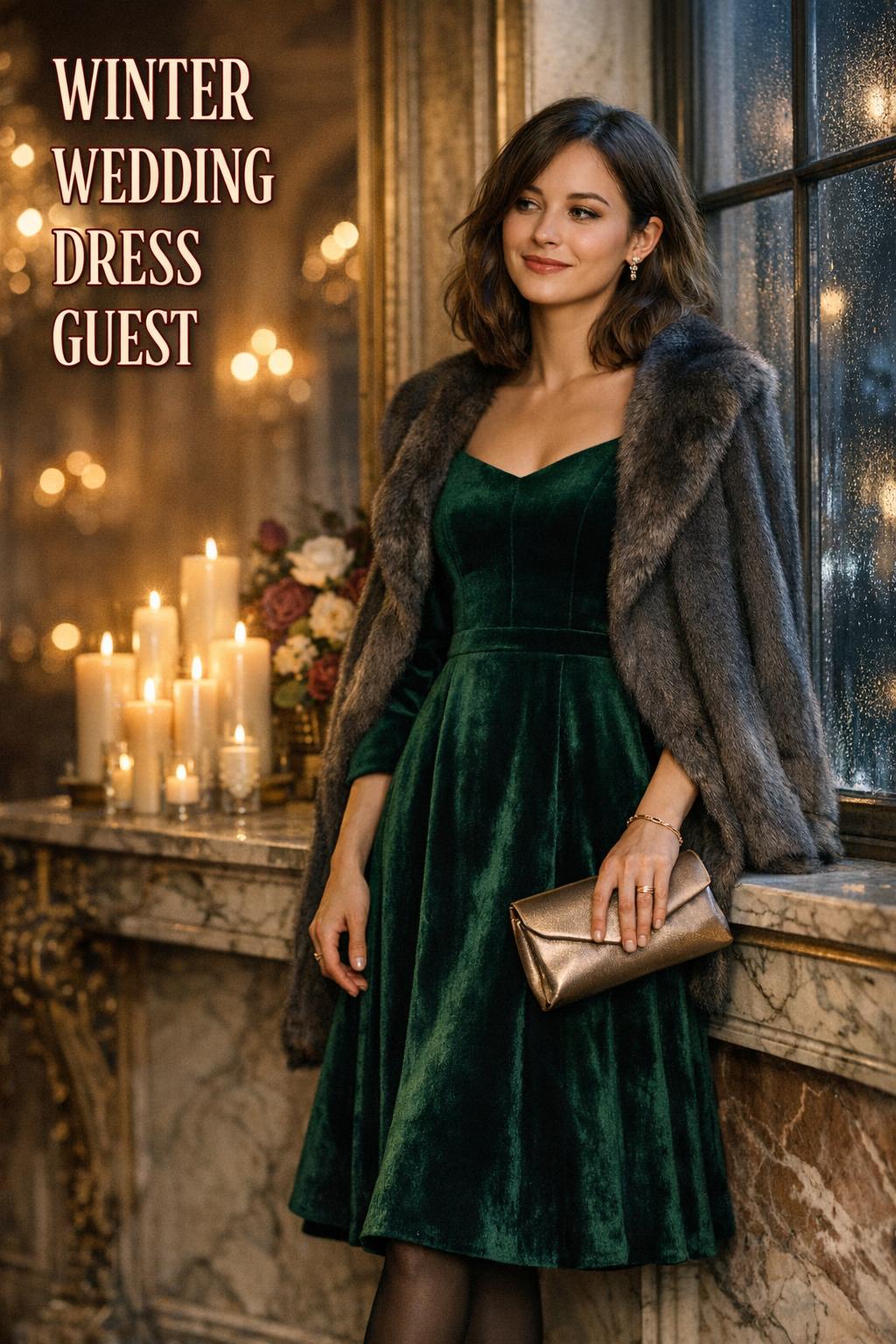 Winter wedding dress guest in emerald velvet A-line dress by candlelit ballroom window with chandeliers and text overlay