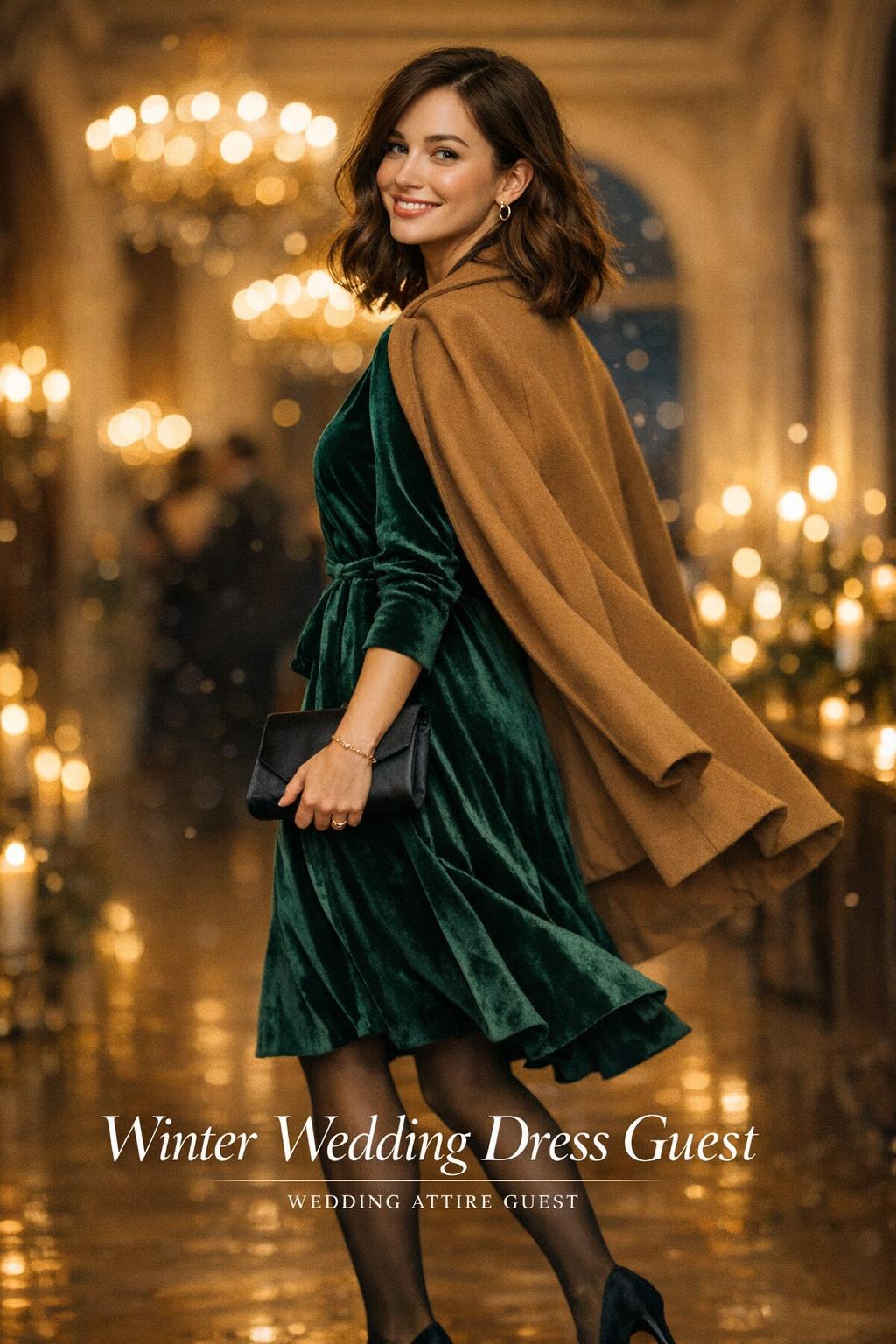 Winter wedding dress guest in emerald velvet wrap dress walking through a candlelit historic ballroom at a reception