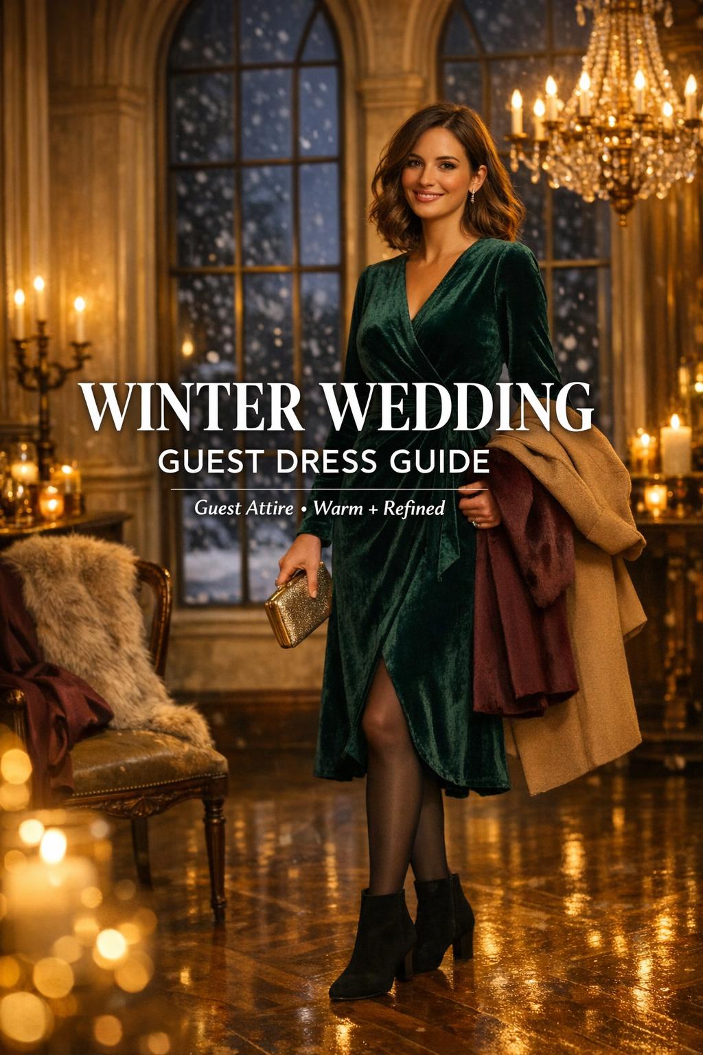 Winter wedding dress guest outfit in candlelit ballroom foyer, woman in emerald velvet wrap midi dress by arched windows