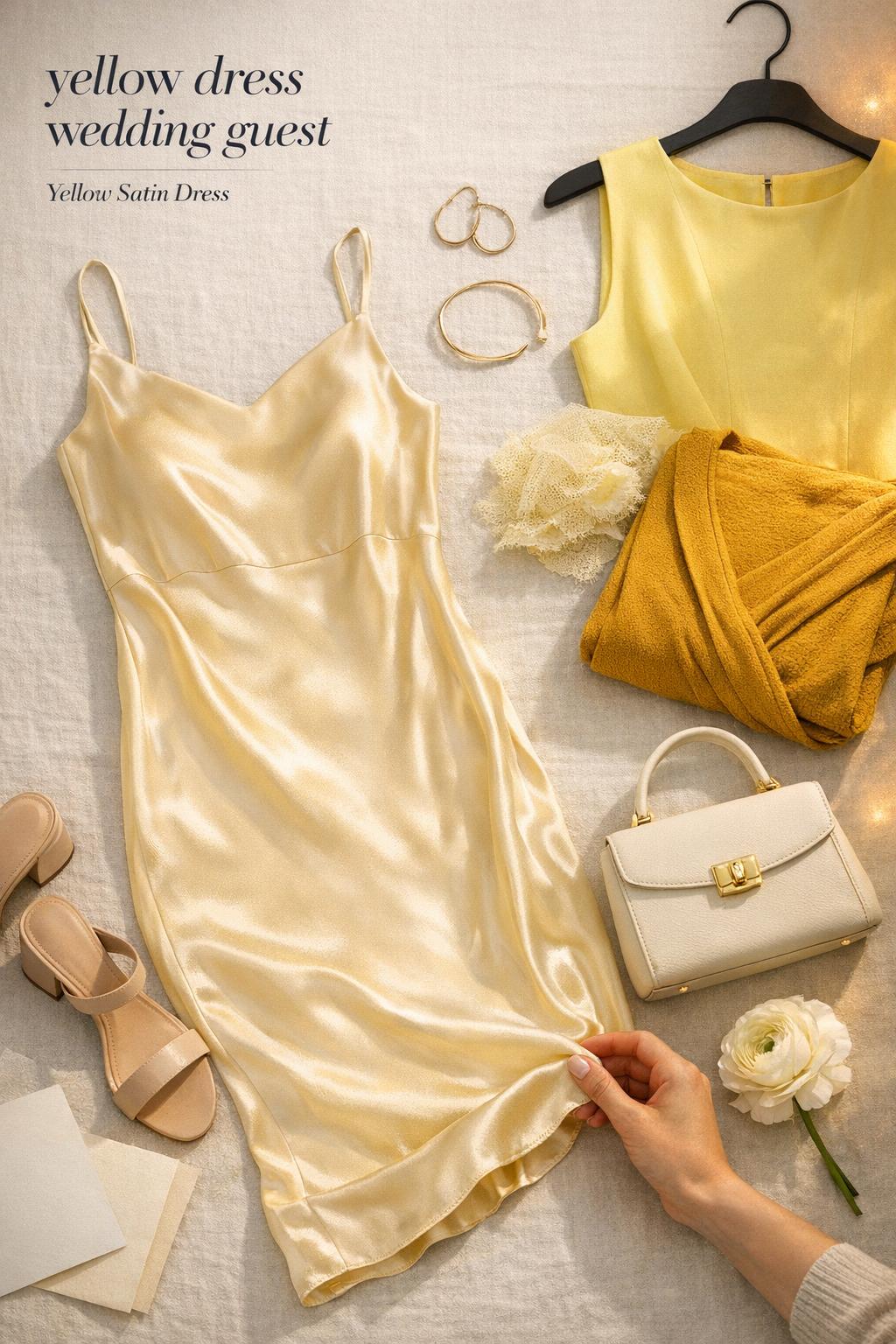 Yellow dress wedding guest flat lay with satin midi, A-line and wrap maxi dresses, nude heels, ivory bag, gold jewelry