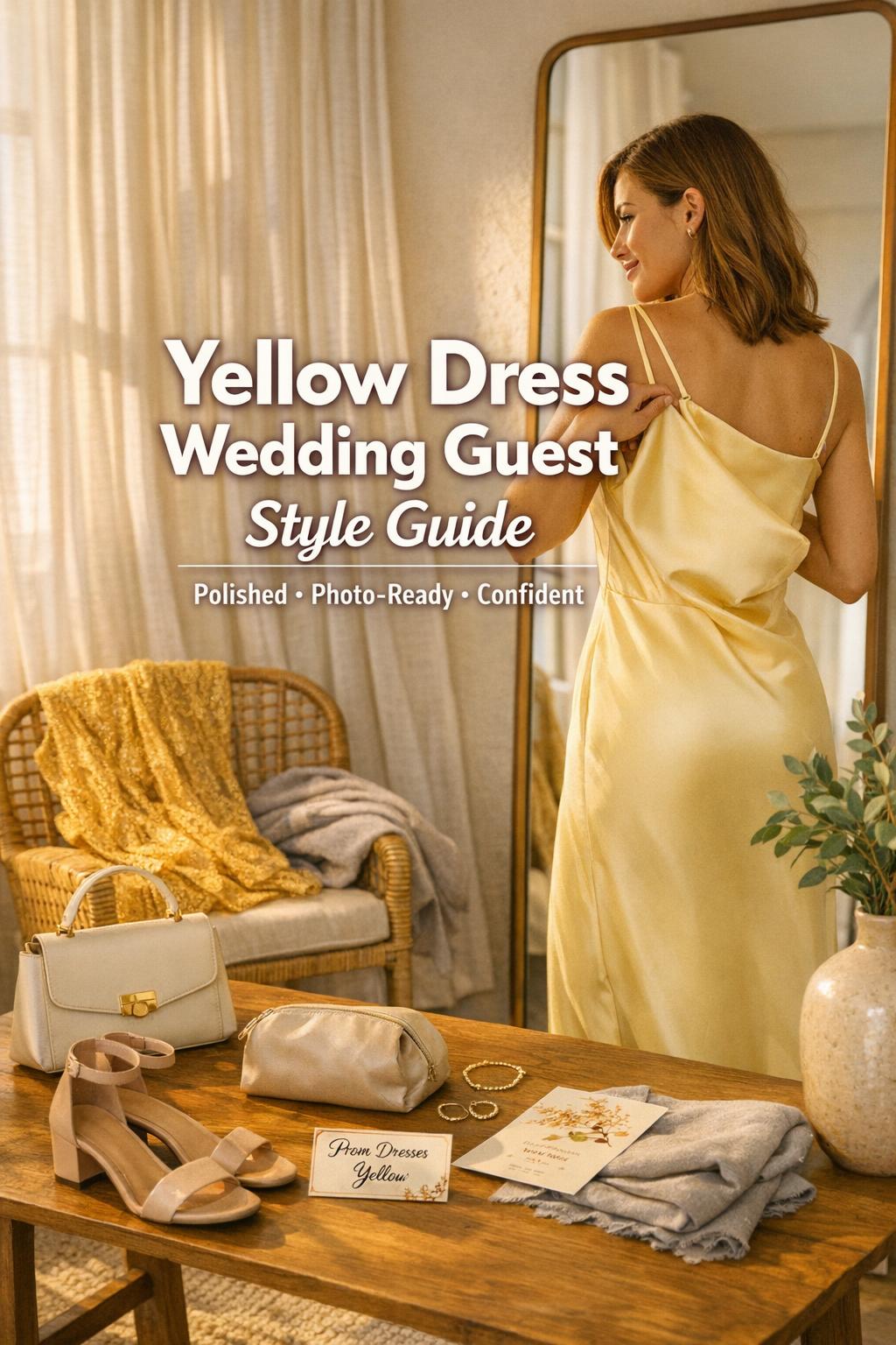 Yellow dress wedding guest style scene with woman fitting butter-yellow satin midi dress and accessories in a sunlit room