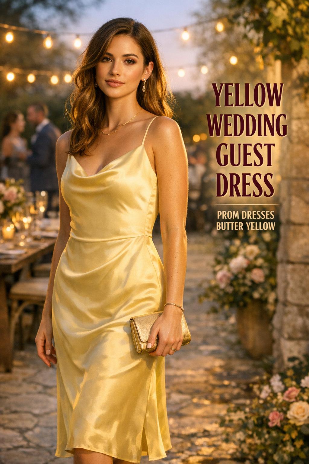 Yellow wedding guest dress in butter-yellow satin at a golden-hour garden wedding reception with elegant side text overlay