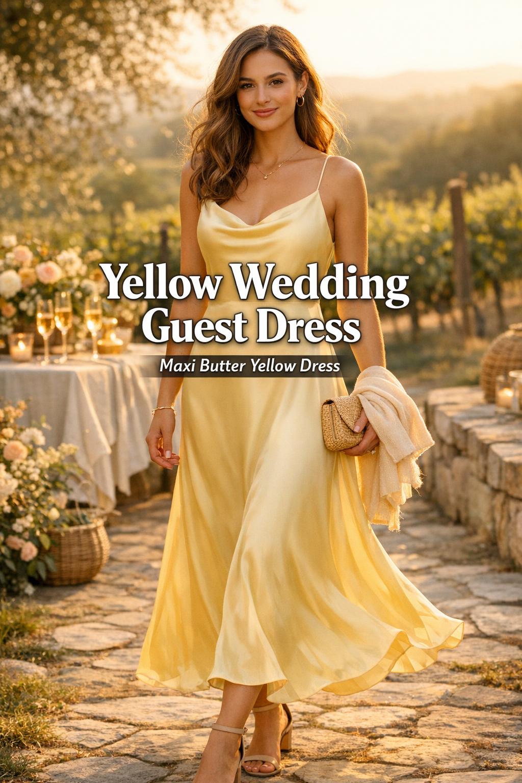 Yellow wedding guest dress in sunlit vineyard garden, woman in butter yellow satin maxi with champagne glasses at golden hour