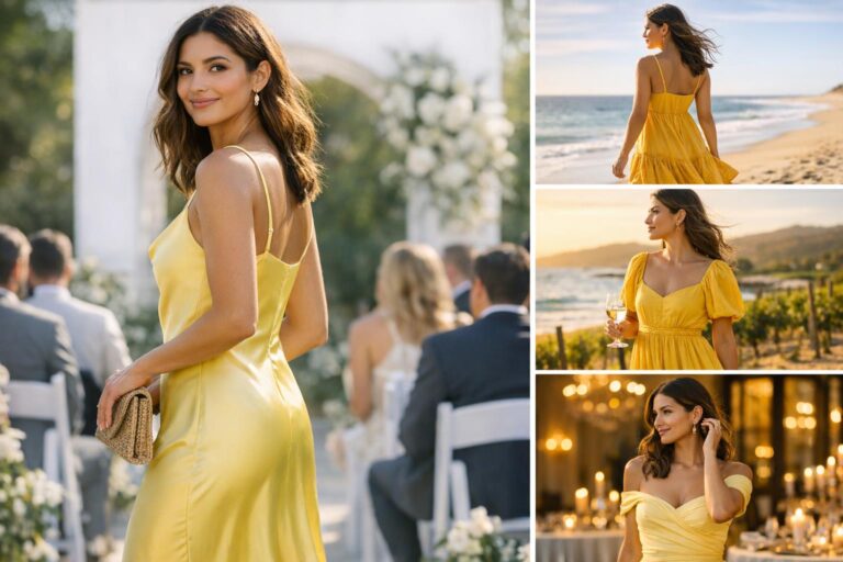 Yellow wedding guest dress in soft golden light, elegant midi silhouette with minimal accessories at an outdoor venue