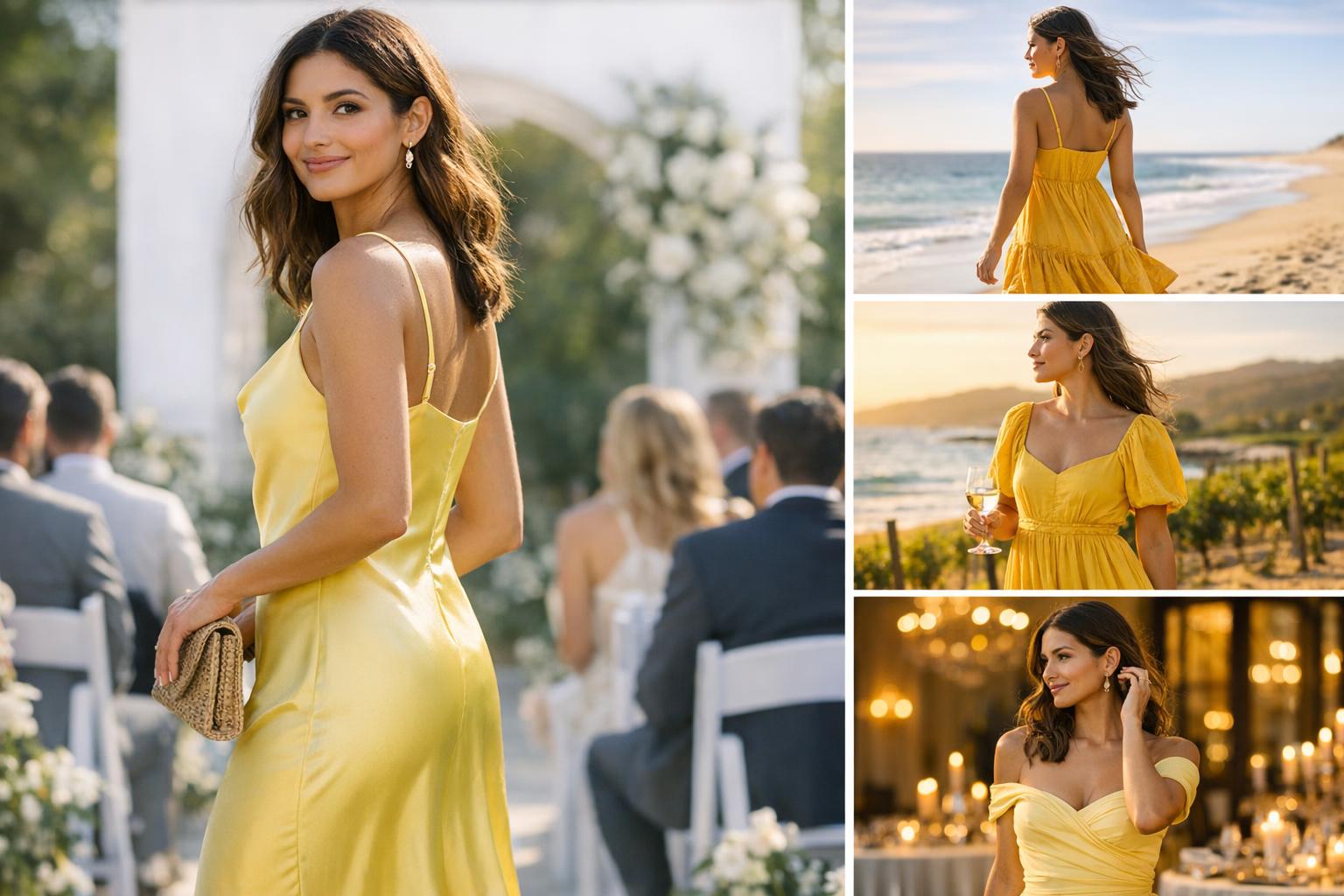 Yellow wedding guest dress in soft golden light, elegant midi silhouette with minimal accessories at an outdoor venue
