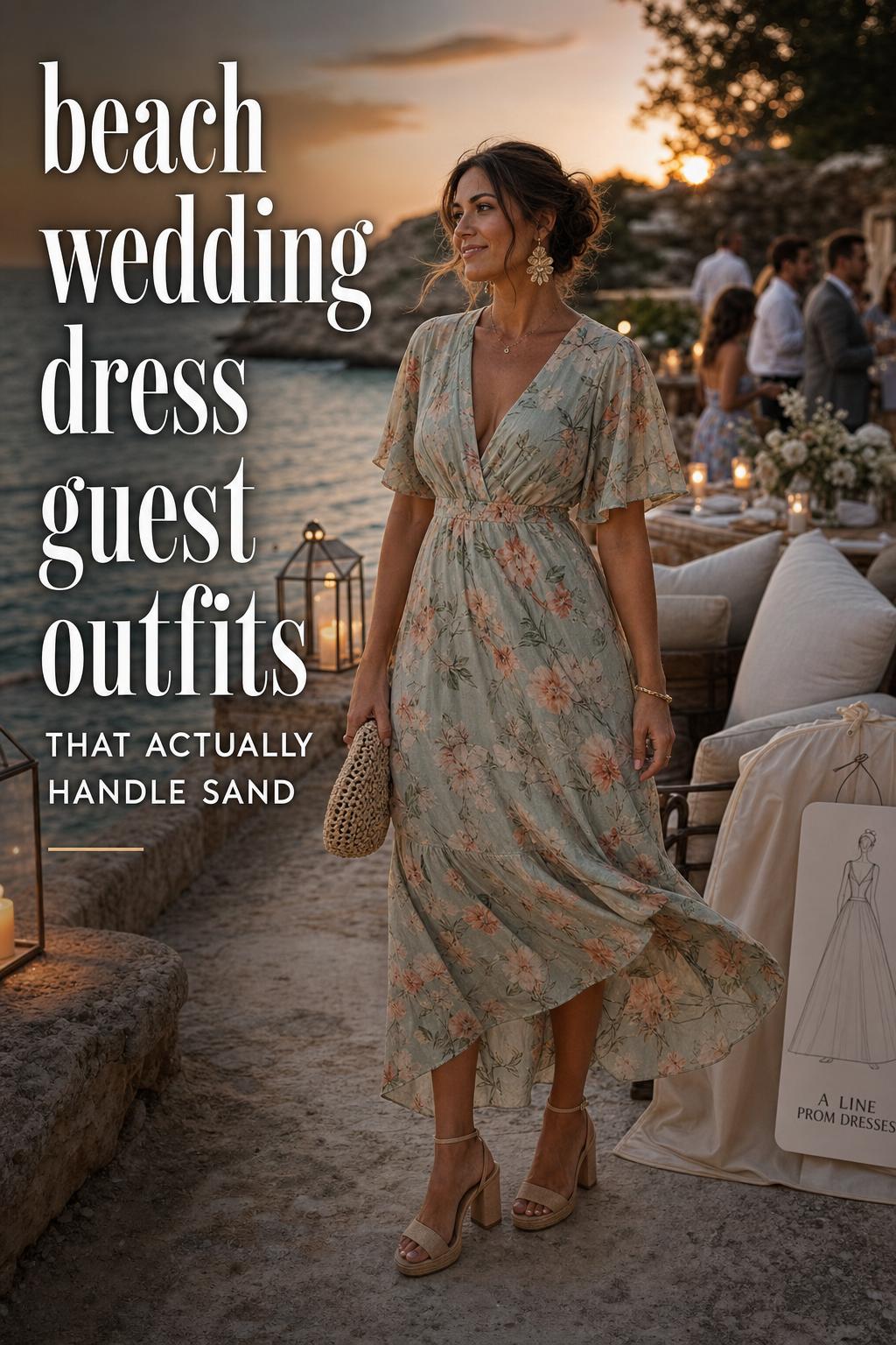 Beach wedding dress guest in a breezy pastel maxi dress on an oceanfront terrace at golden hour with lanterns and blurred guests.
