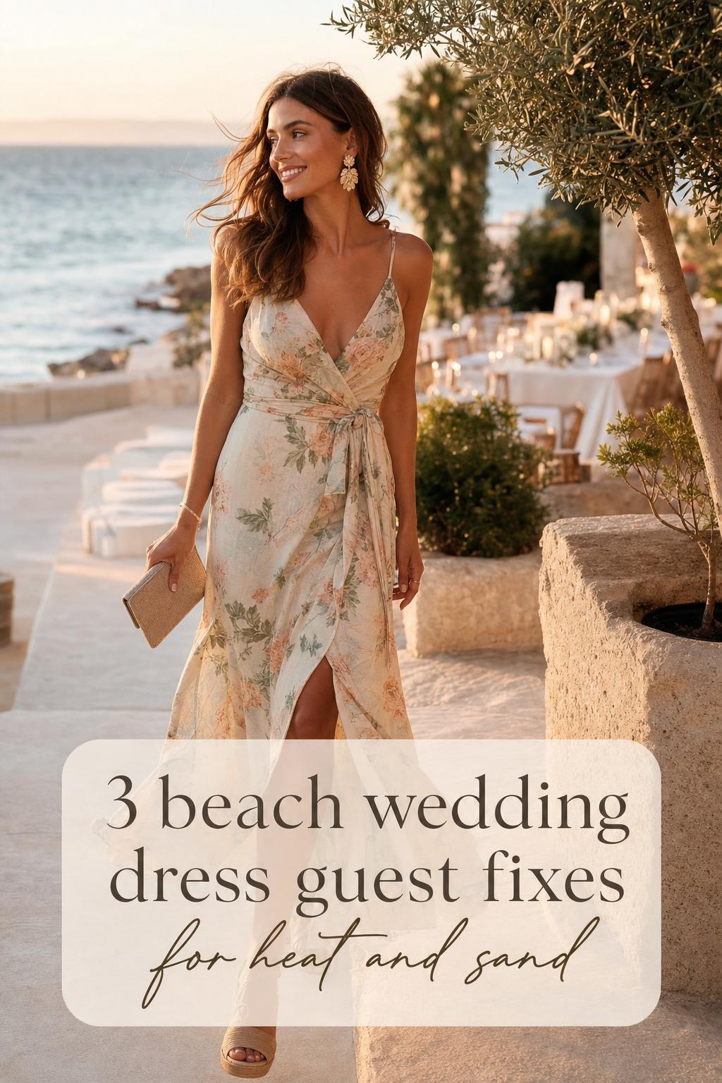 Beach wedding dress guest walking on seaside resort terrace at sunset in breezy maxi dress with clutch and espadrilles