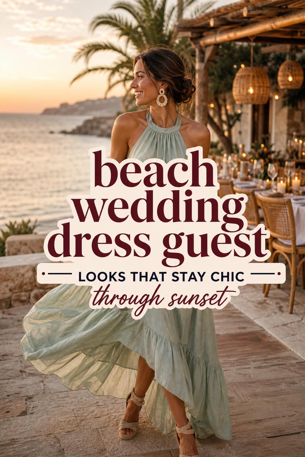 Beach wedding dress guest in breezy maxi dress on sunset resort terrace, sandals and clutch, sea view behind