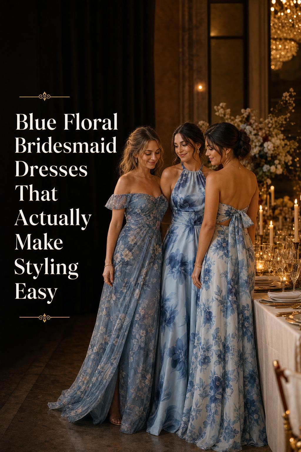 Blue floral bridesmaid dresses in a candlelit ballroom reception with three bridesmaids beside an elegant table at dusk