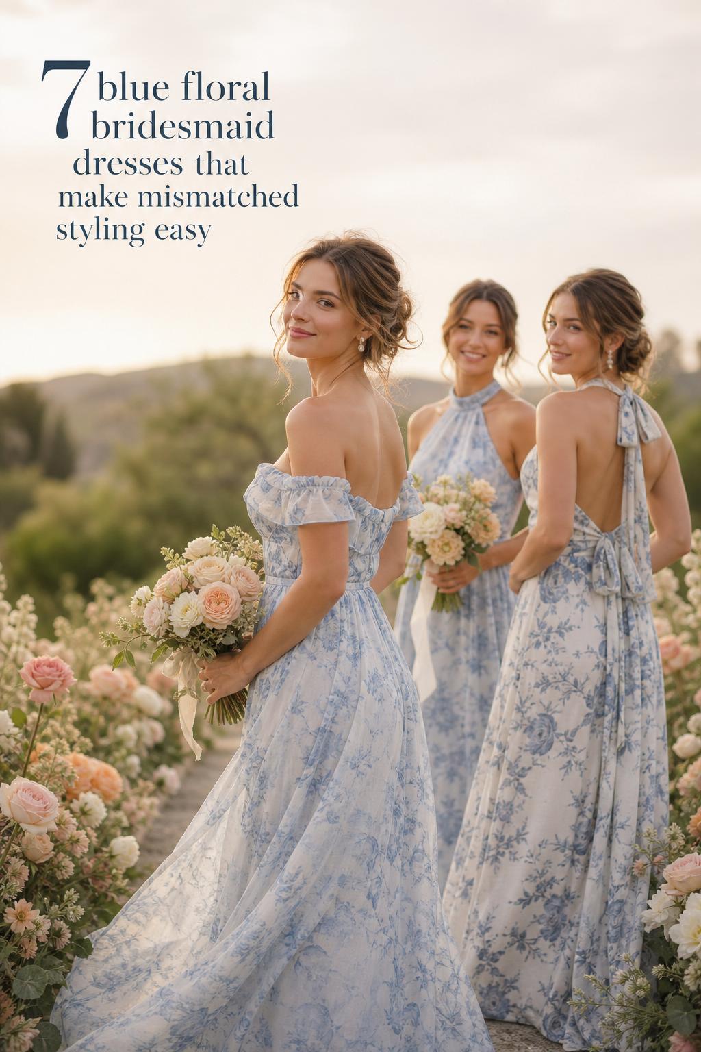 Blue floral bridesmaid dresses on three bridesmaids in a golden hour garden aisle, fine art wedding photo with soft florals