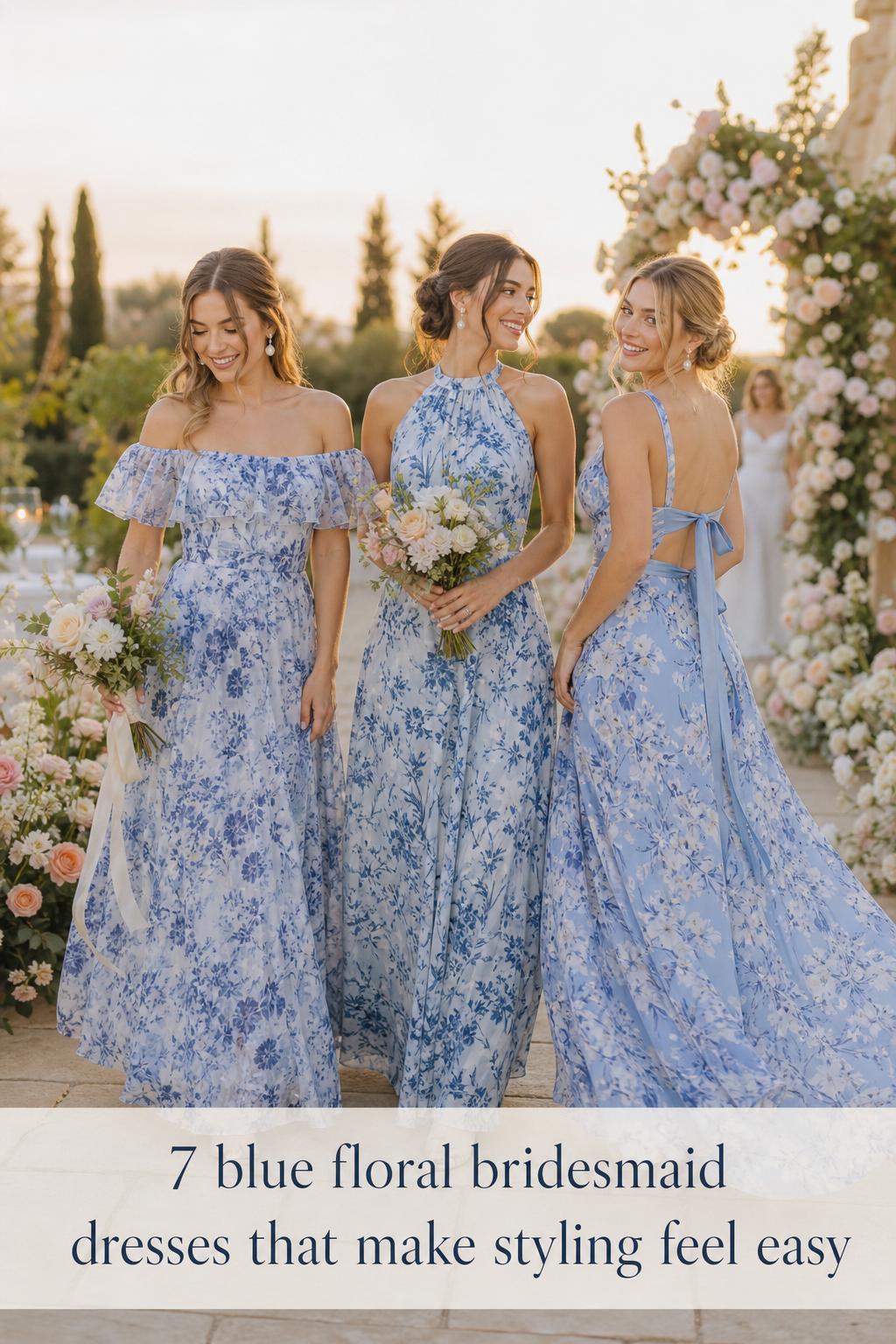 Blue floral bridesmaid dresses on three bridesmaids in a golden hour garden wedding aisle with soft watercolor prints