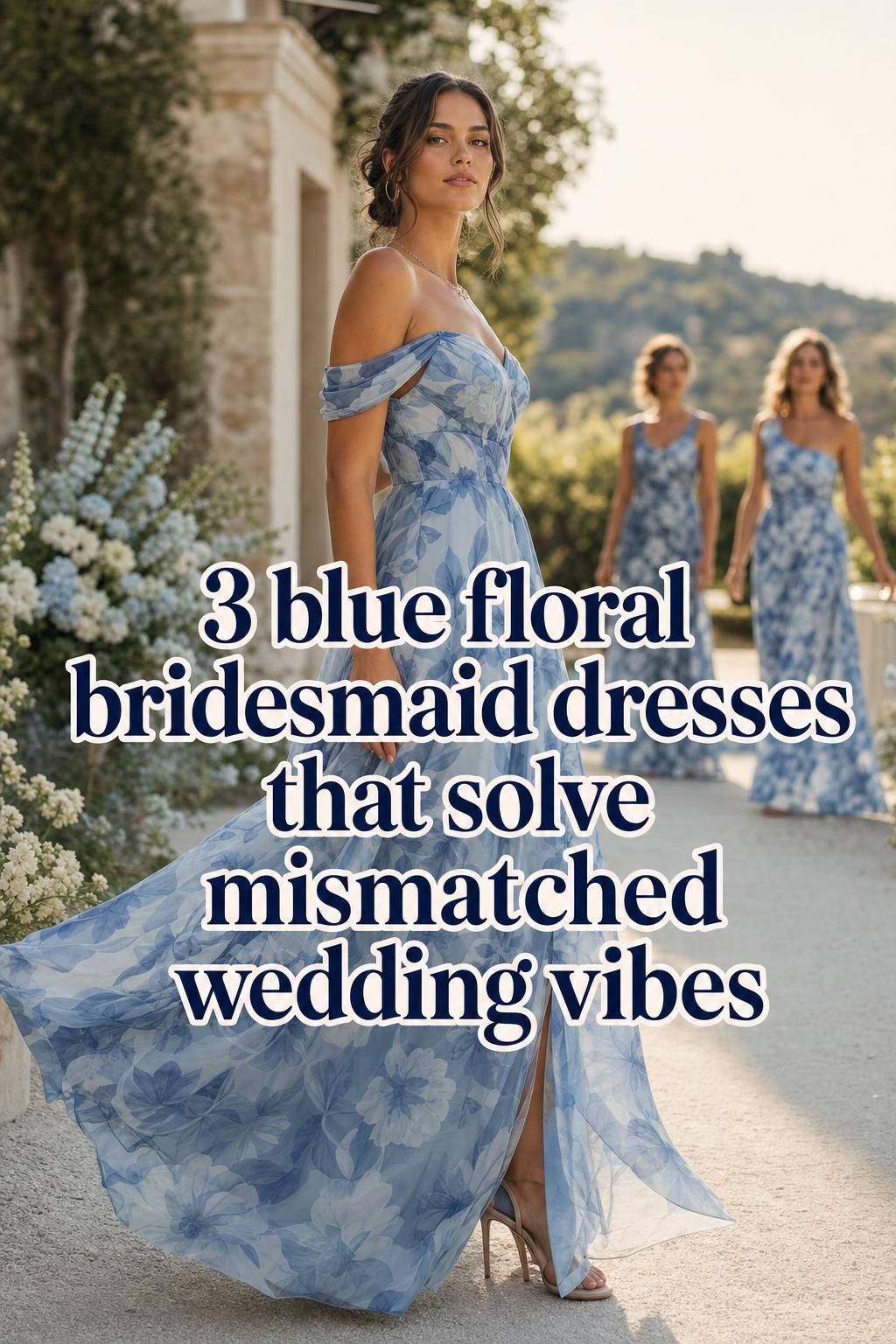 Blue floral bridesmaid dresses in a Vogue-style garden editorial with one confident bridesmaid in a flowing chiffon maxi gown